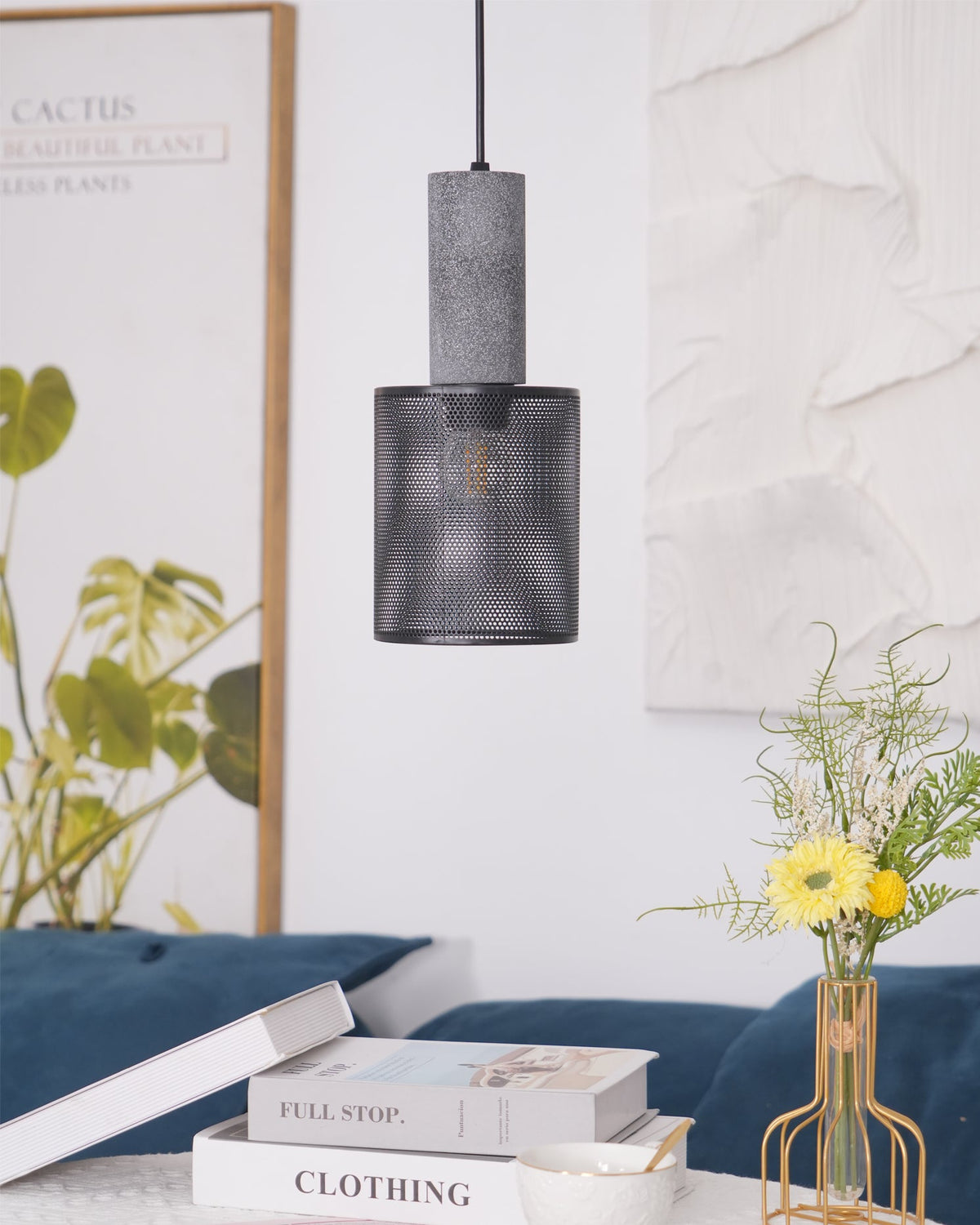 Lámpara colgante de hormigón, industrial, cilíndrica, de metal, negra y gris, E27 | Sansoti