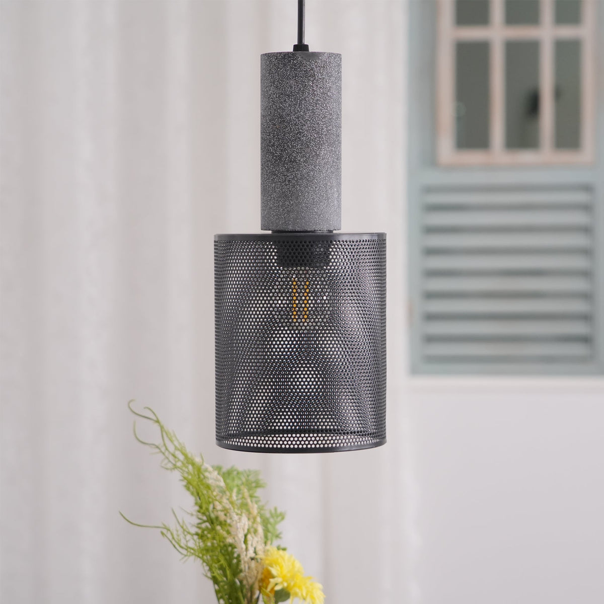Lámpara colgante de hormigón, industrial, cilíndrica, de metal, negra y gris, E27 | Sansoti