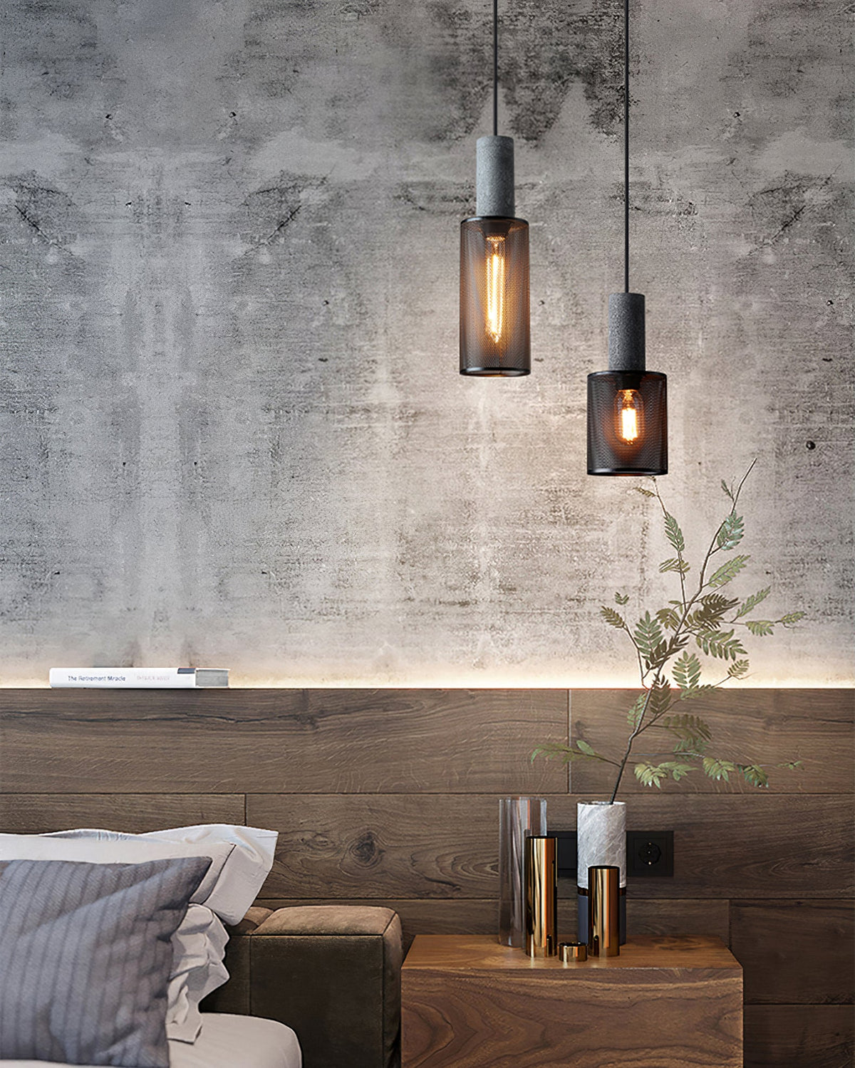 Lámpara colgante de hormigón, industrial, cilíndrica, de metal, negra y gris, E27 | Sansoti