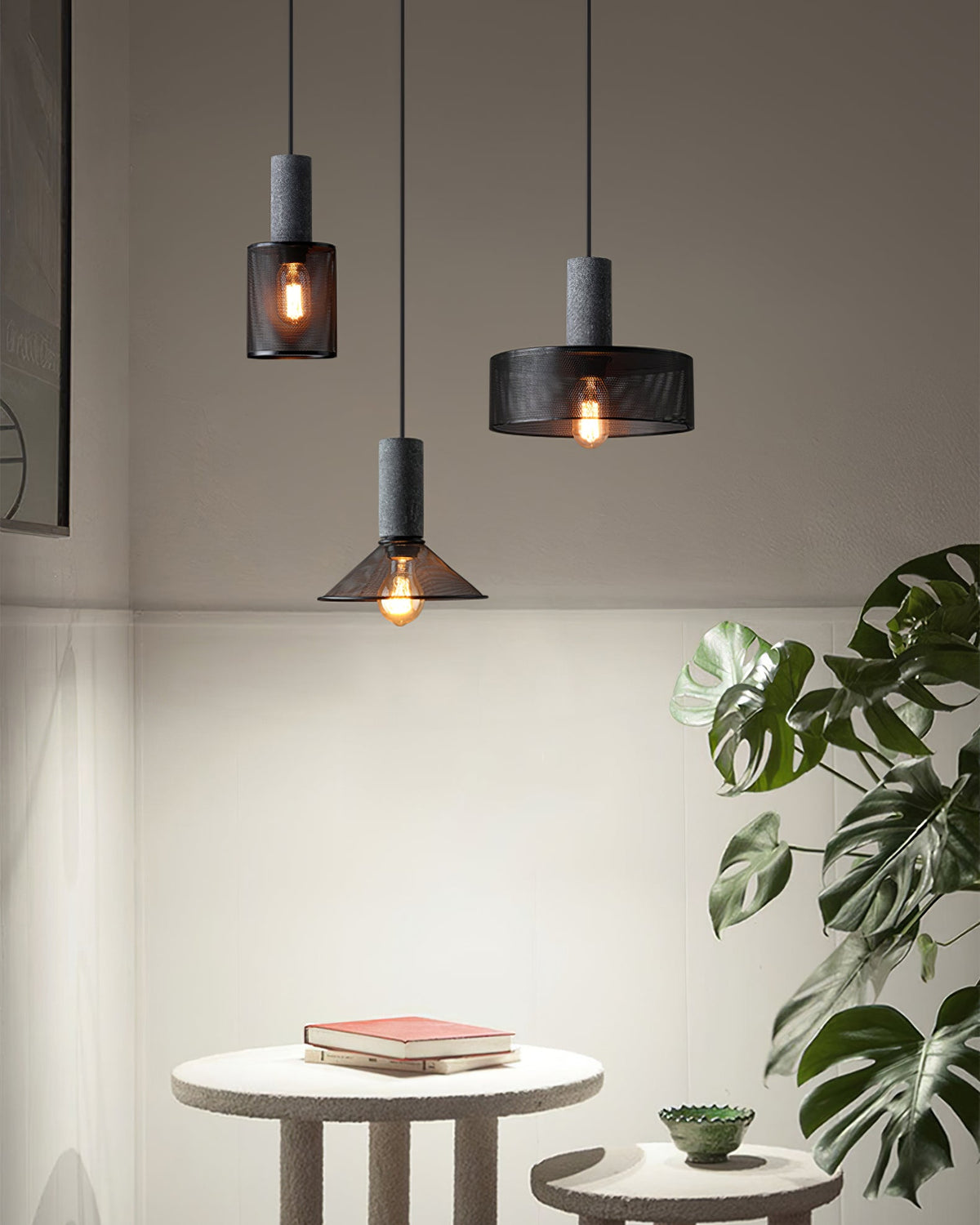 Lámpara colgante de hormigón, industrial, cilíndrica, de metal, negra y gris, E27 | Sansoti