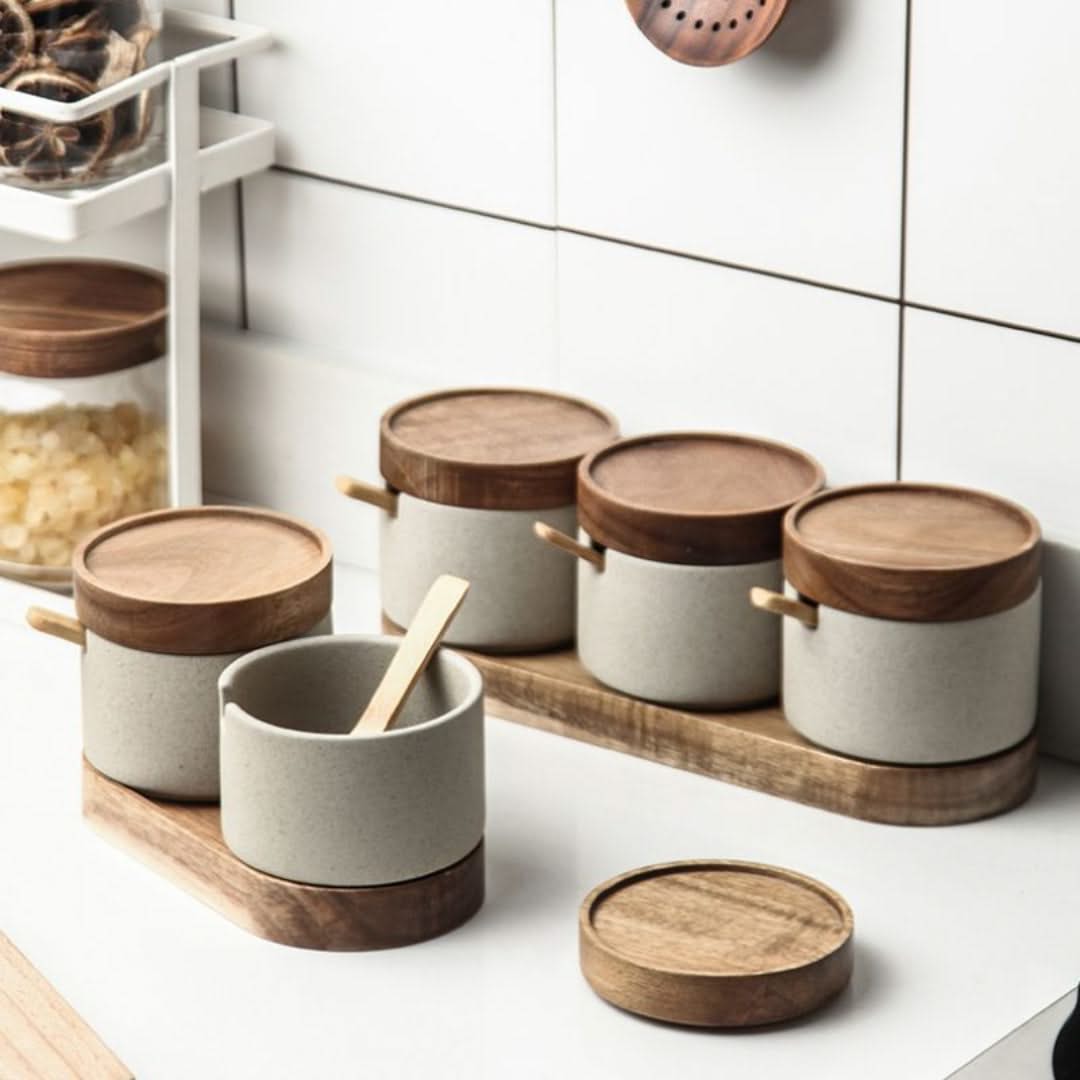 Ceramic Storage Jars with Bamboo Lids – Set of 3 for Herbs Spices Tea – Stylish Kitchen Accessories | Sansoti