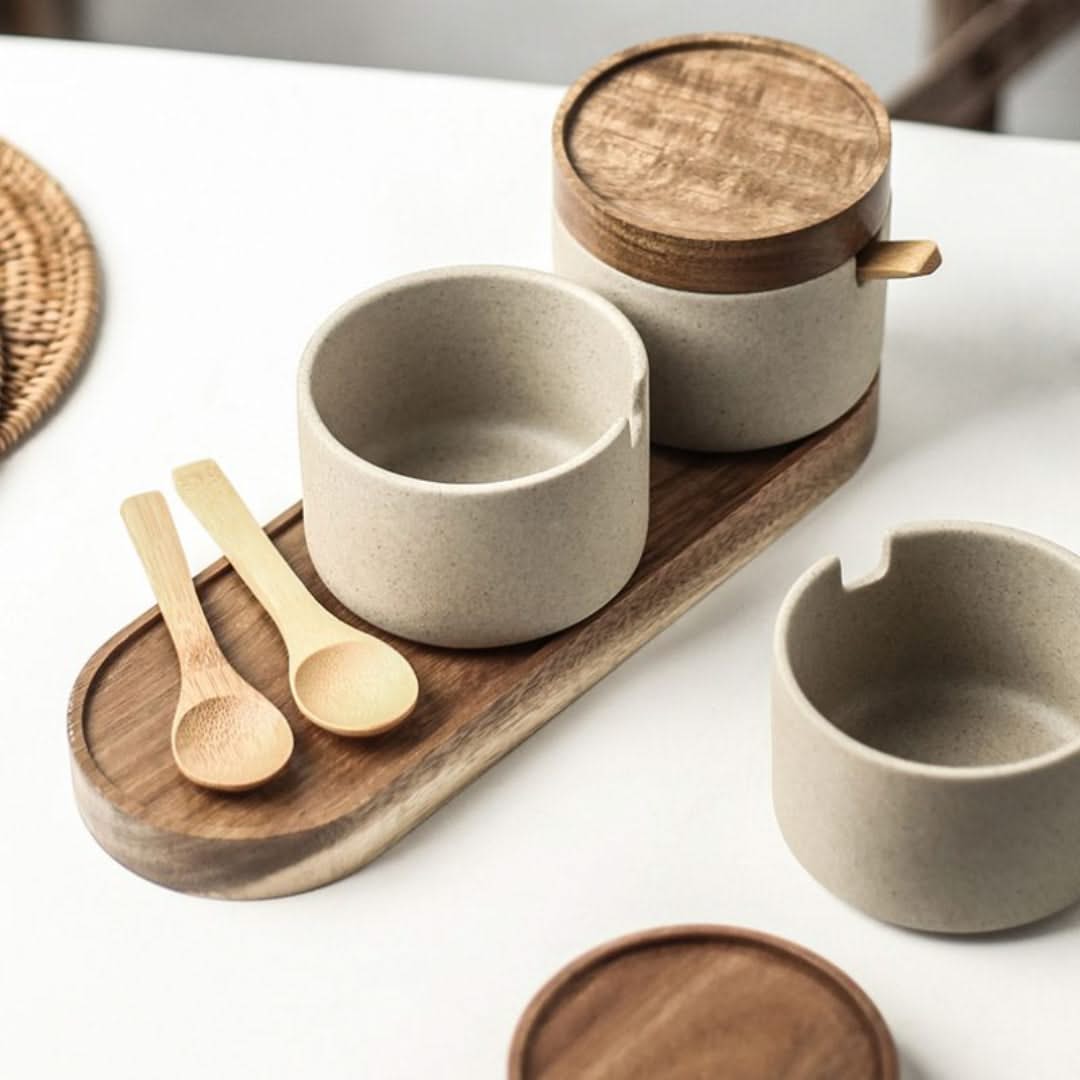 Ceramic Storage Jars with Bamboo Lids – Set of 3 for Herbs Spices Tea – Stylish Kitchen Accessories | Sansoti