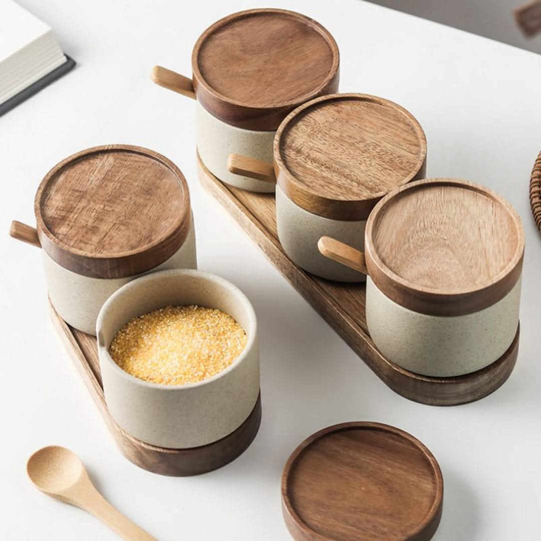 Ceramic Storage Jars with Bamboo Lids – Set of 3 for Herbs Spices Tea – Stylish Kitchen Accessories | Sansoti