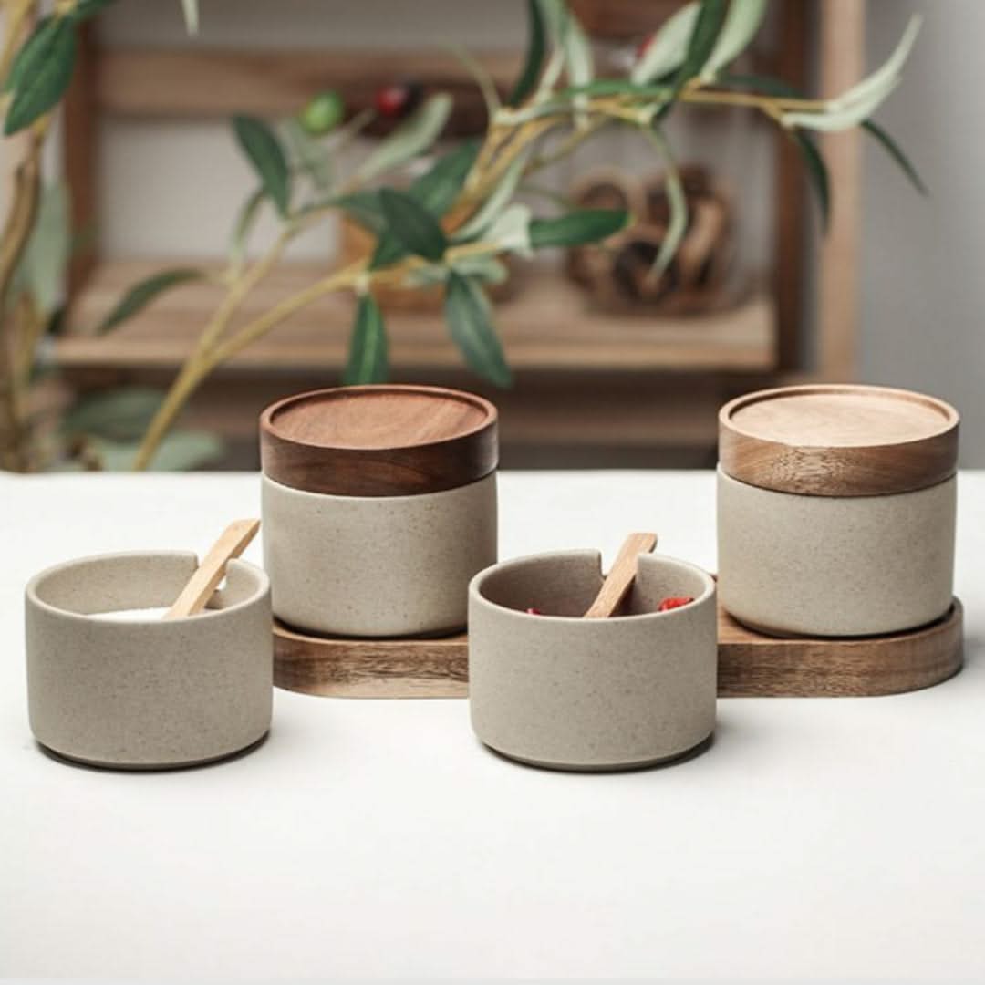 Ceramic Storage Jars with Bamboo Lids – Set of 3 for Herbs Spices Tea – Stylish Kitchen Accessories | Sansoti
