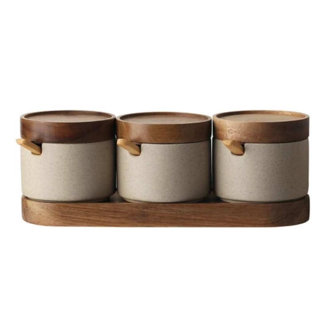 Ceramic Storage Jars with Bamboo Lids – Set of 3 for Herbs Spices Tea – Stylish Kitchen Accessories | Sansoti