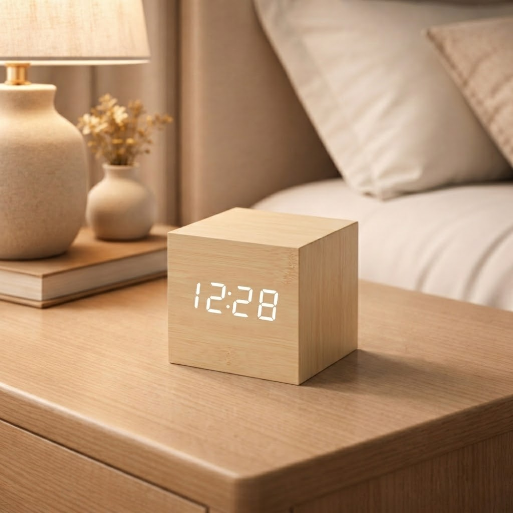 Réveil numérique cubique aspect bois, affichage LED, activation sonore, alarme, température, minuterie, chambre à coucher, bureau | Sansoti