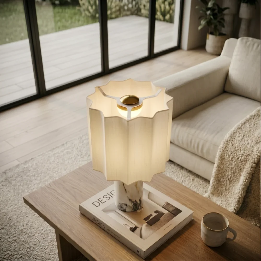 Rechargeable Marble Table Lamp with Linen Shade, Dimmable, Cordless LED Ambient Light, Portable for the Living Room | Sansoti