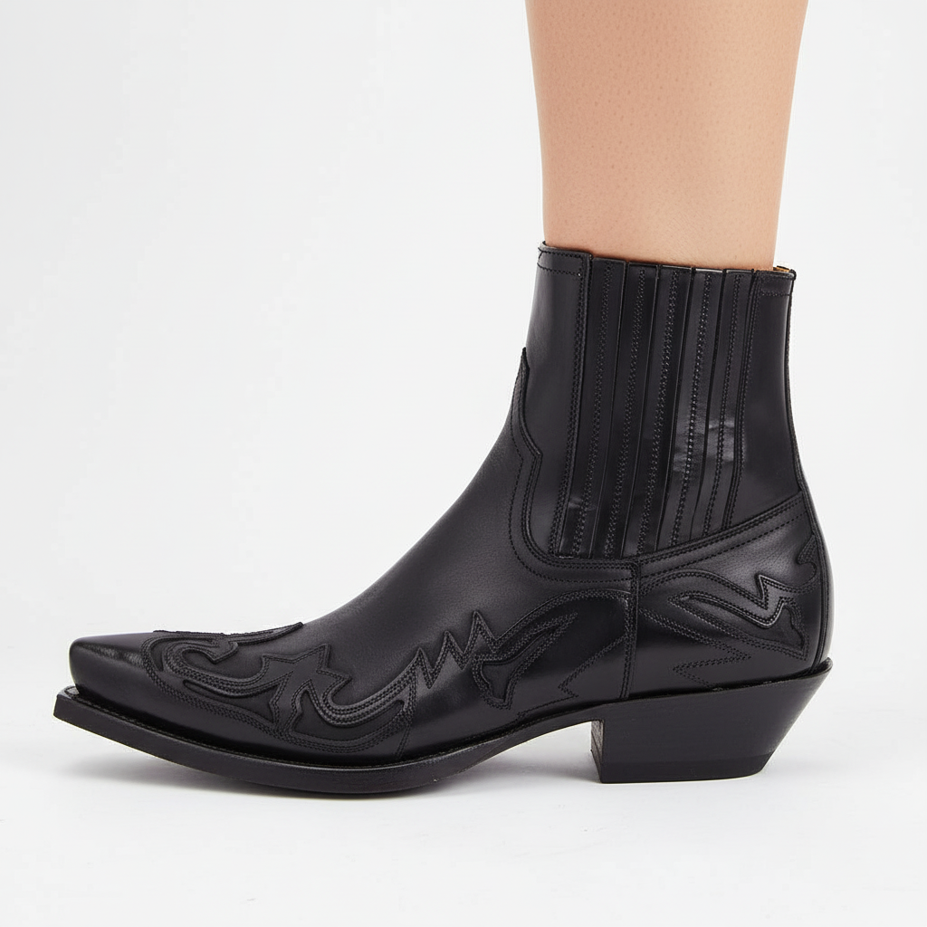 Bottes western en cuir avec broderies, unisexes, bottes d'automne, style cowboy, noires et marron, 35-46, design robuste | Sansoti