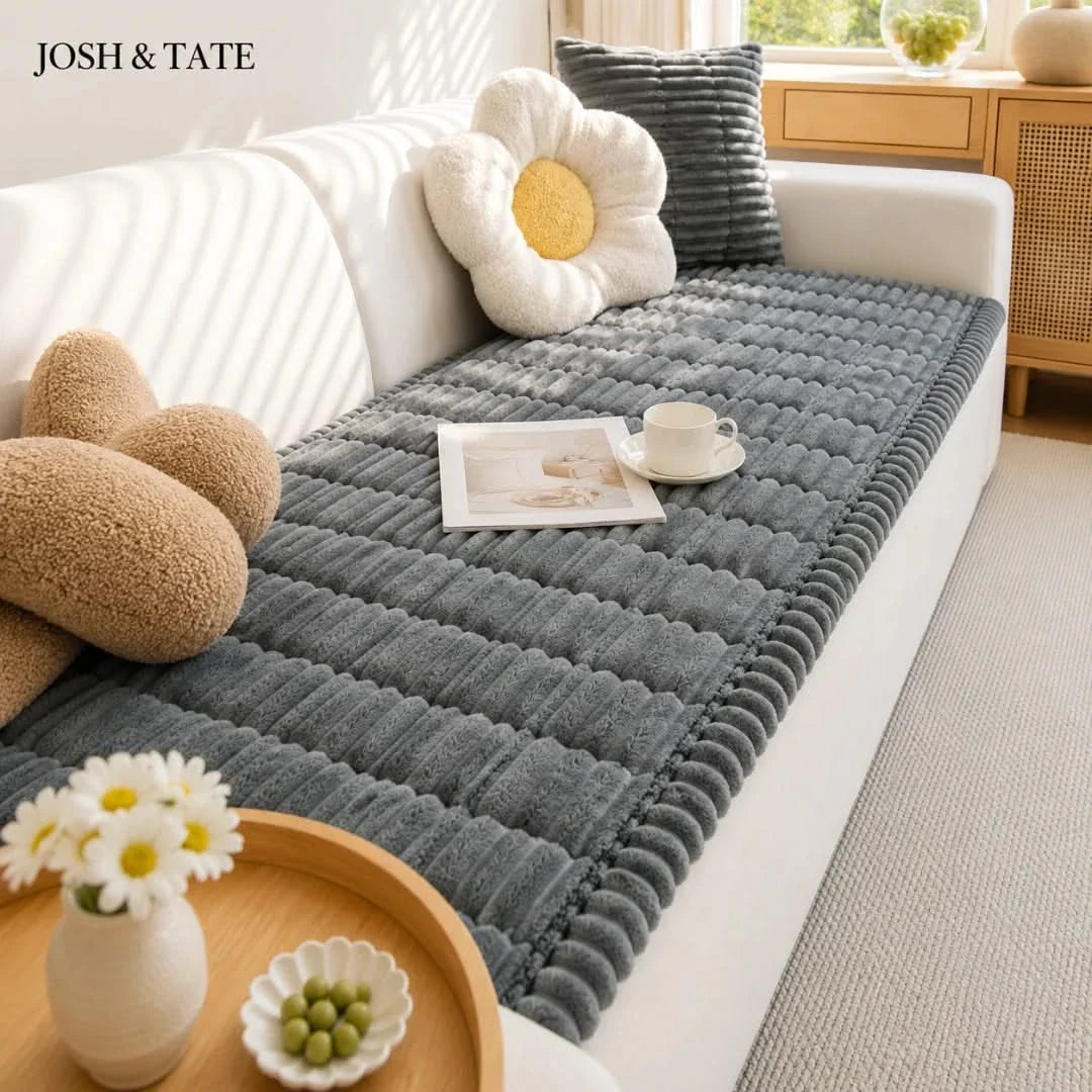Gerippter Plüsch-Sofabezug mit rutschfester Polyester-Schutzauflage für Wohnzimmersofa und Möbel - Sansoti
