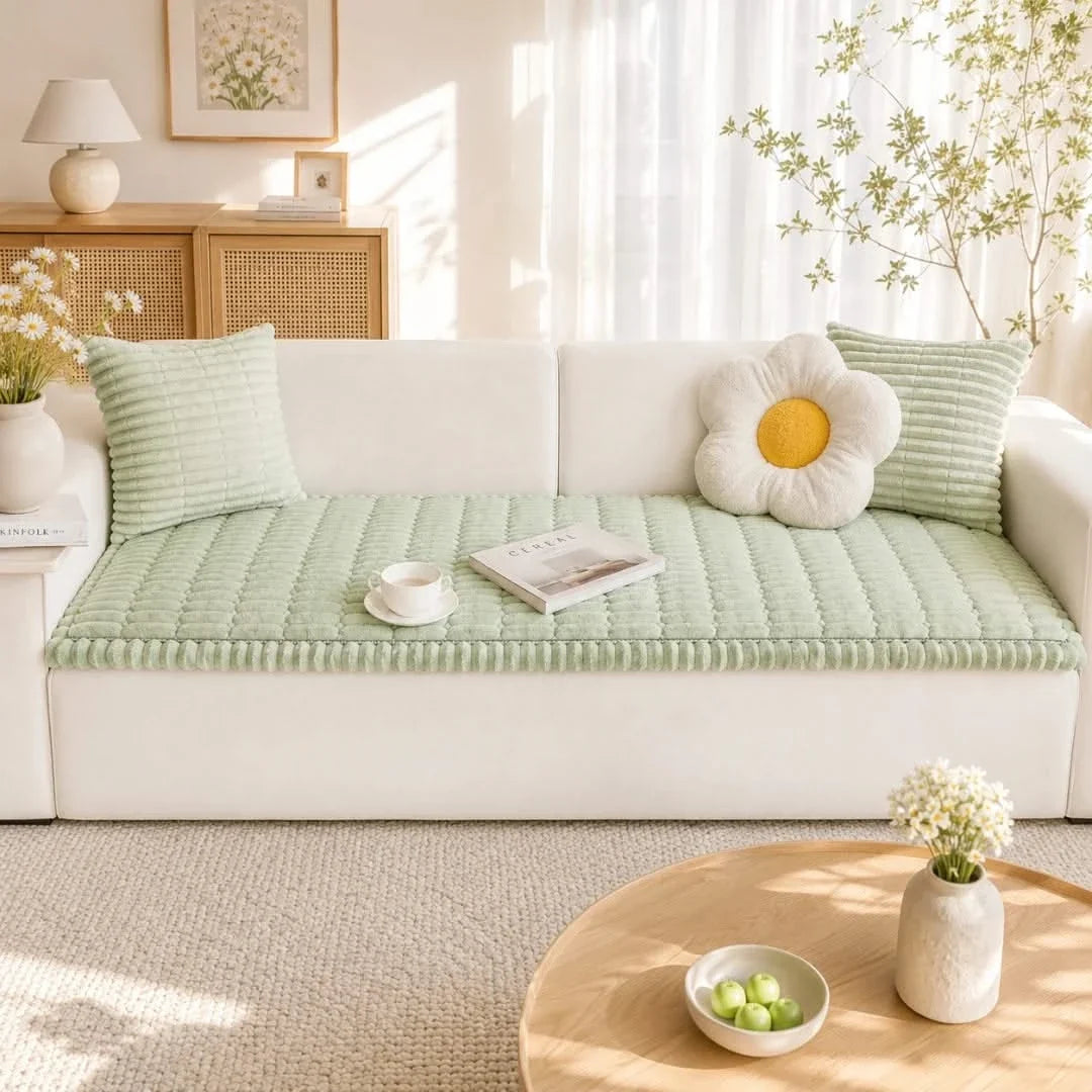Gerippter Plüsch-Sofabezug mit rutschfester Polyester-Schutzauflage für Wohnzimmersofa und Möbel - Sansoti