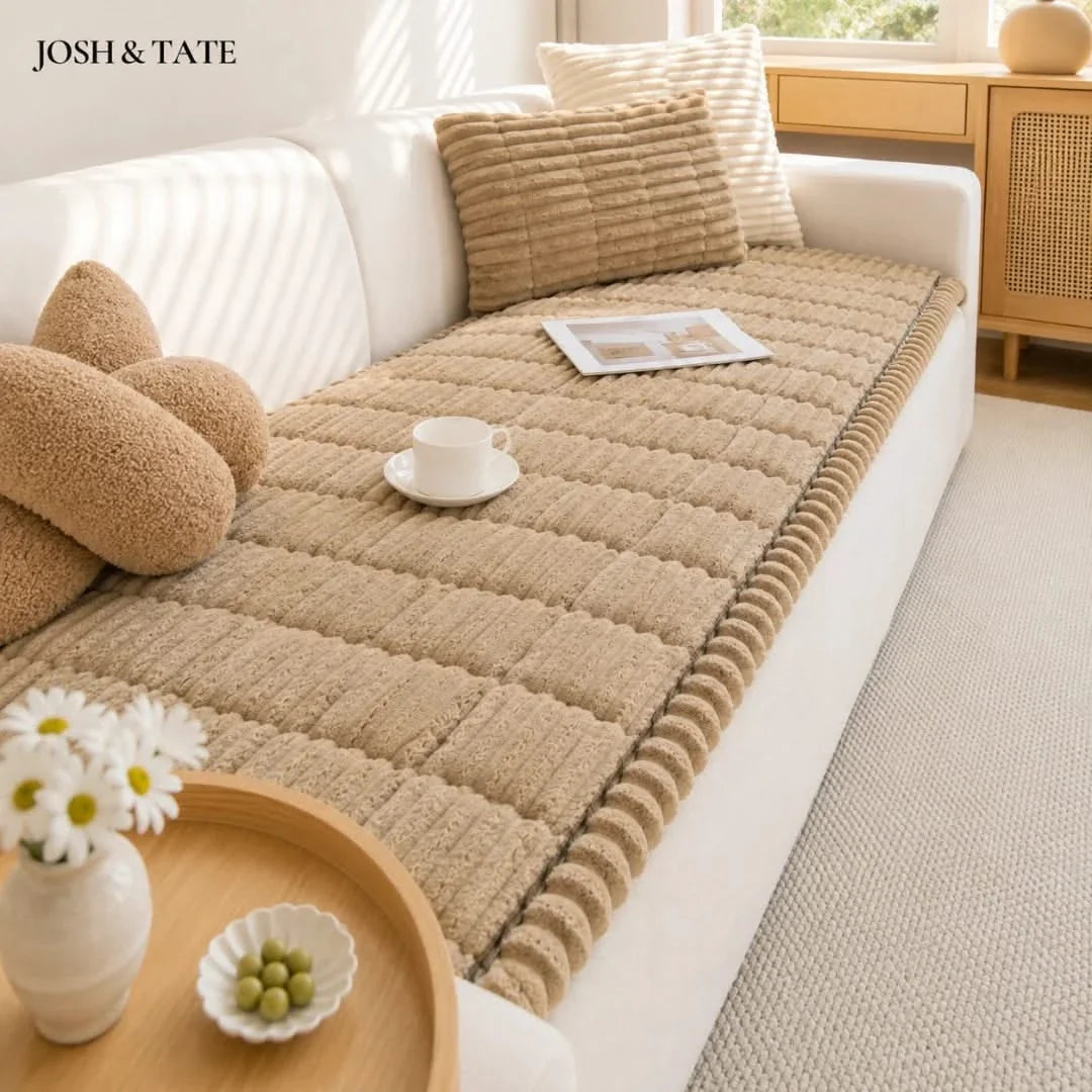 Gerippter Plüsch-Sofabezug mit rutschfester Polyester-Schutzauflage für Wohnzimmersofa und Möbel - Sansoti