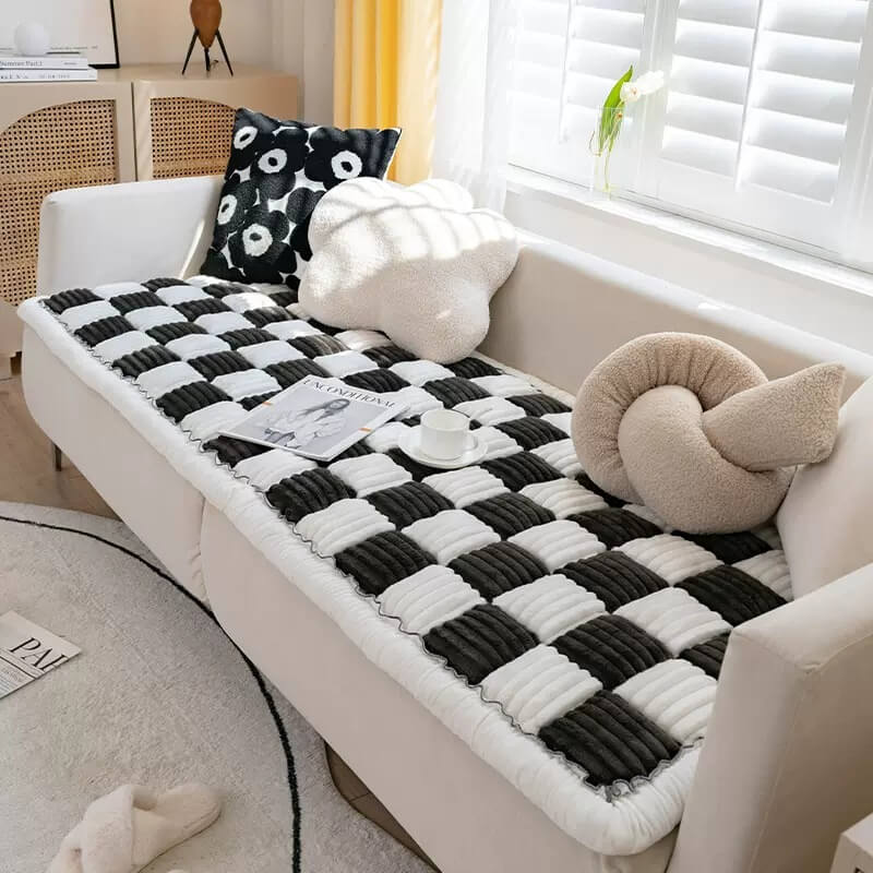 Plush Pet Dog Blanket Square Checked Deep Sleep Mat Sofa Protector Throw Cream-Colored Dog Cat | Sansoti
