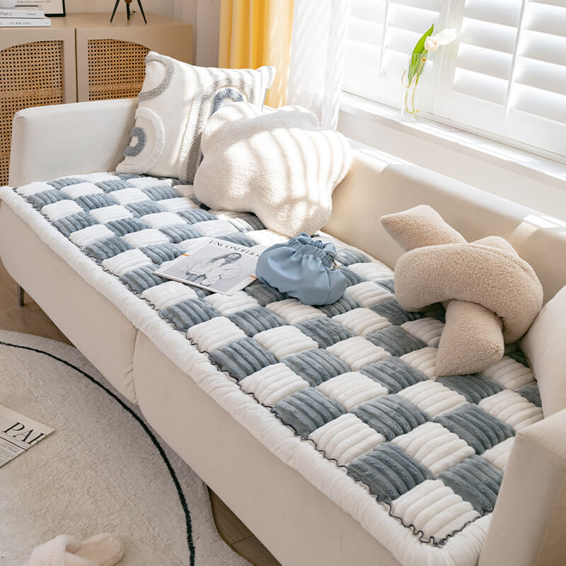 Plush Pet Dog Blanket Square Checked Deep Sleep Mat Sofa Protector Throw Cream-Colored Dog Cat | Sansoti