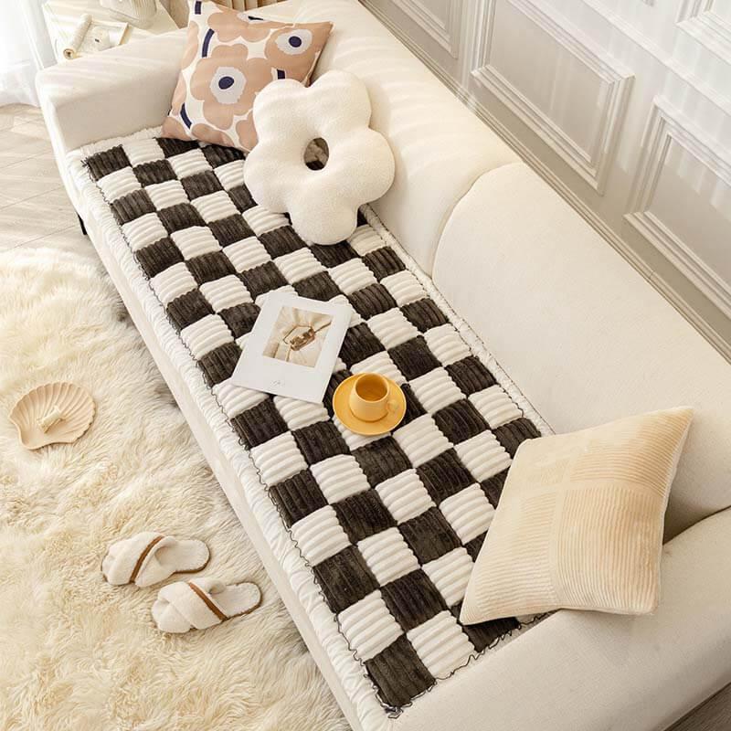 Plush Pet Dog Blanket Square Checked Deep Sleep Mat Sofa Protector Throw Cream-Colored Dog Cat | Sansoti