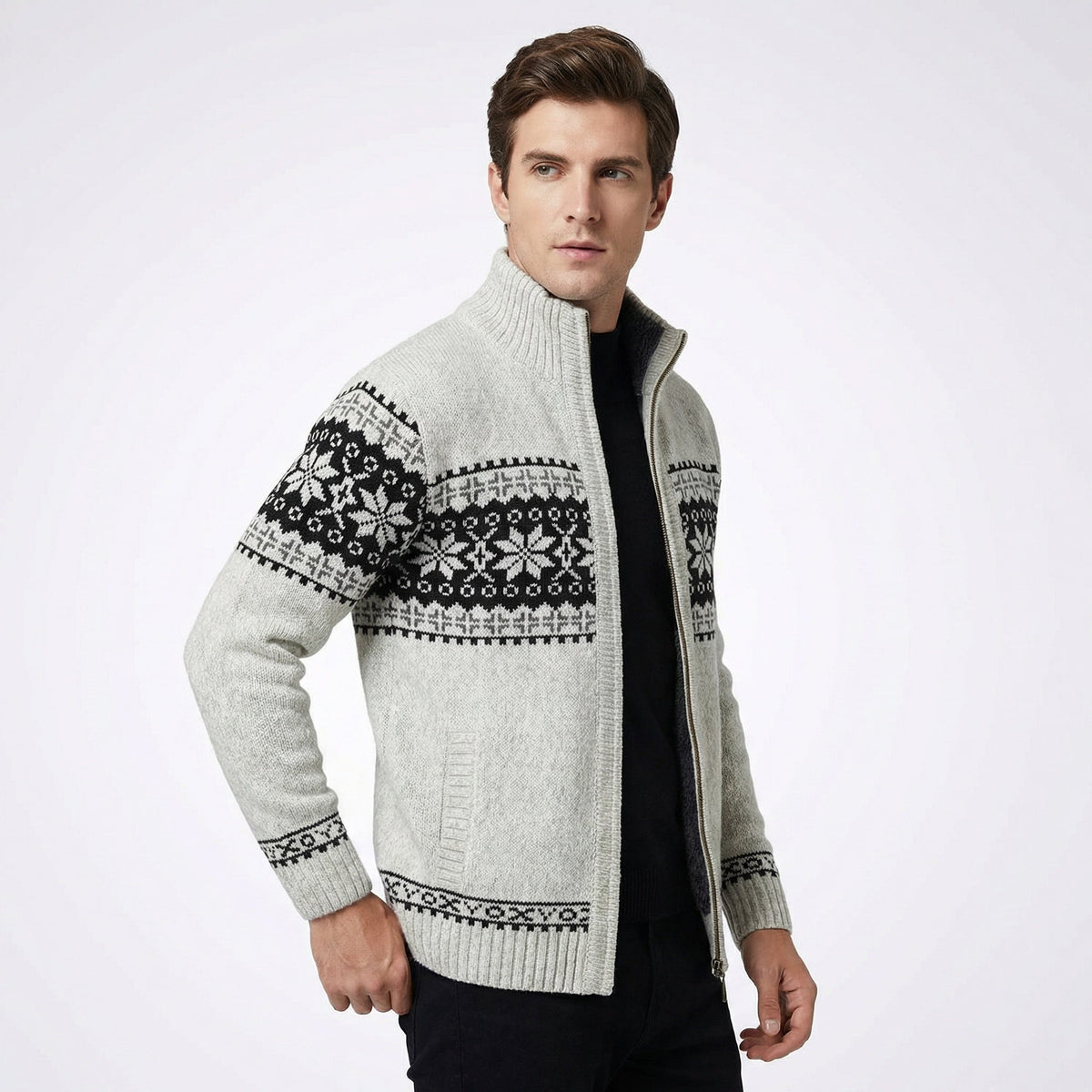 Gebreide Heren Cardigan met Hoge Kraag Ritssluiting Winter Noordse Jaquardpatroon Warm Vest Trui Outdoorkleding | Sansoti