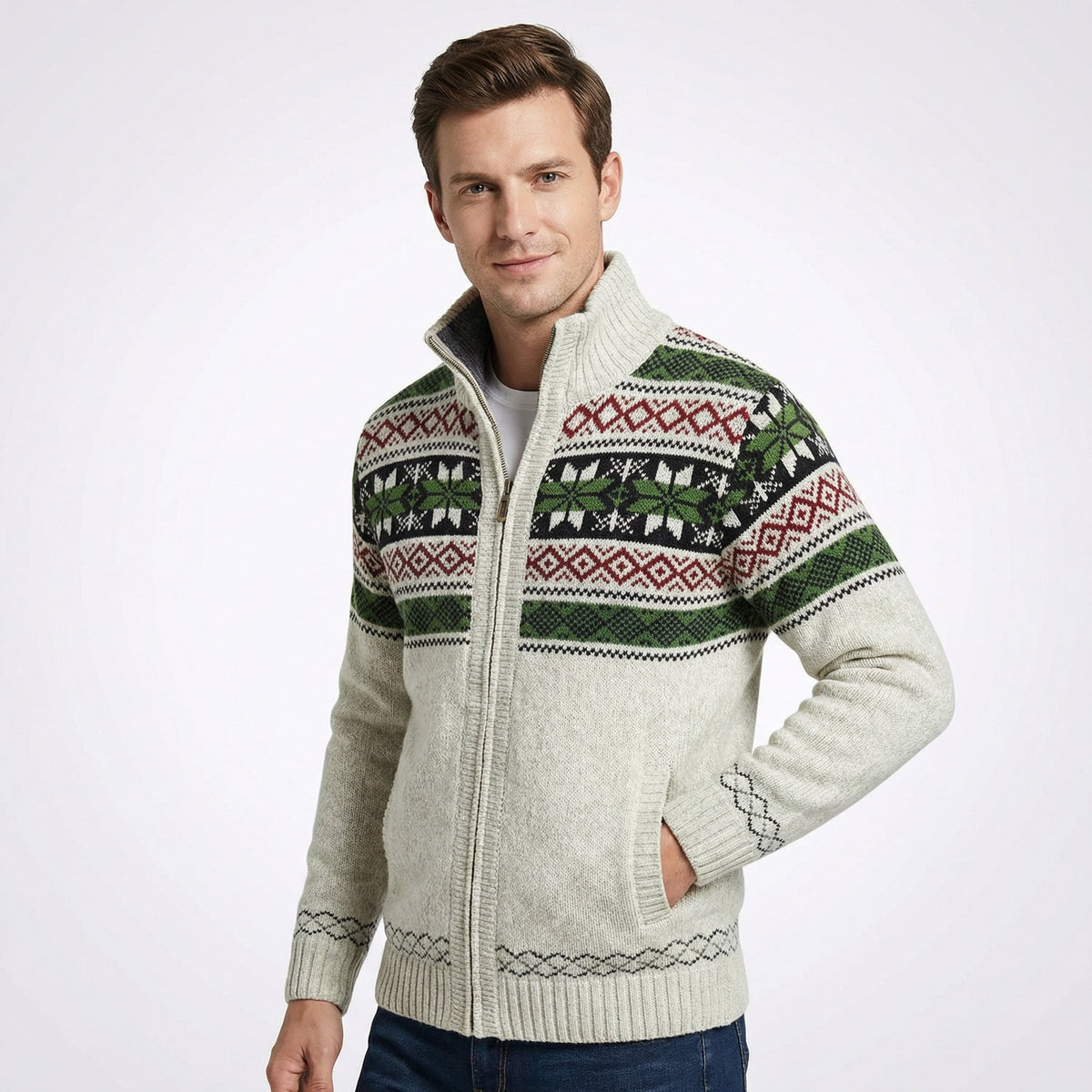 Gebreide Heren Cardigan met Hoge Kraag Ritssluiting Winter Noordse Jaquardpatroon Warm Vest Trui Outdoorkleding | Sansoti
