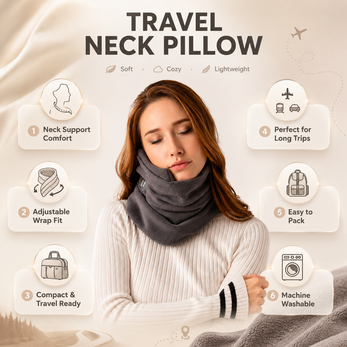 Adjustable Compact Travel Neck Pillow for Airplane Car Train Bus Supportive Comfortable Storable Ergonomic | Sansoti