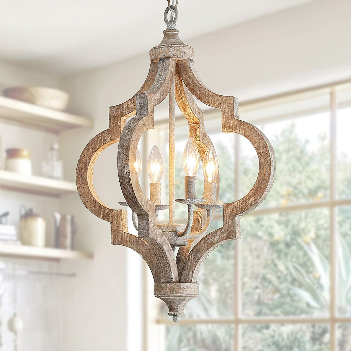 Wooden Chandelier 4 Lights Vintage Style Pendant Light Recycled Wood E12 E14 Socket Country Living Room | Sansoti