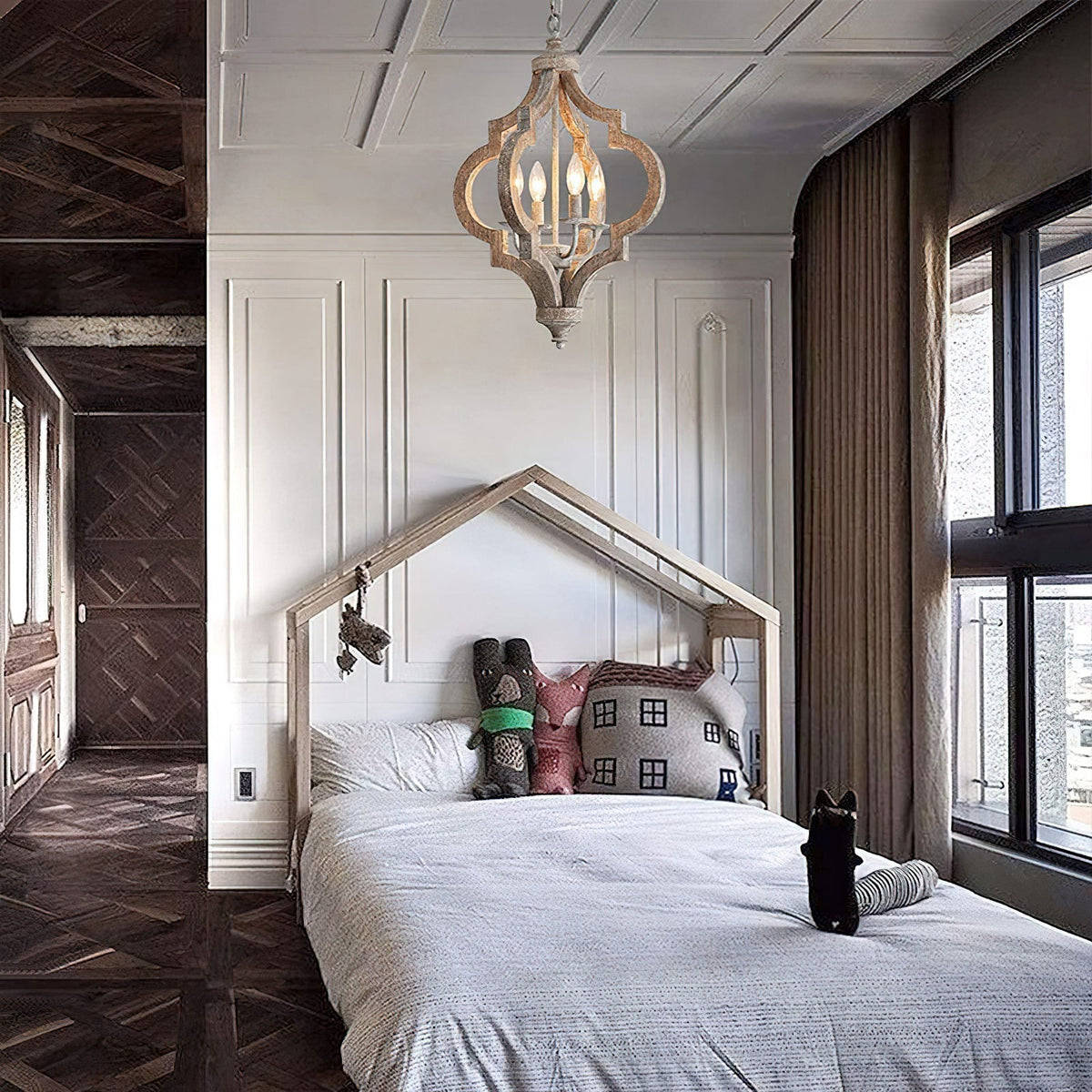 Holzkronleuchter mit 4 Lampen im Vintage-Stil, Hängeleuchte aus recyceltem Holz, E12-E14-Fassung, Landhausstil, Wohnzimmer | Sansoti
