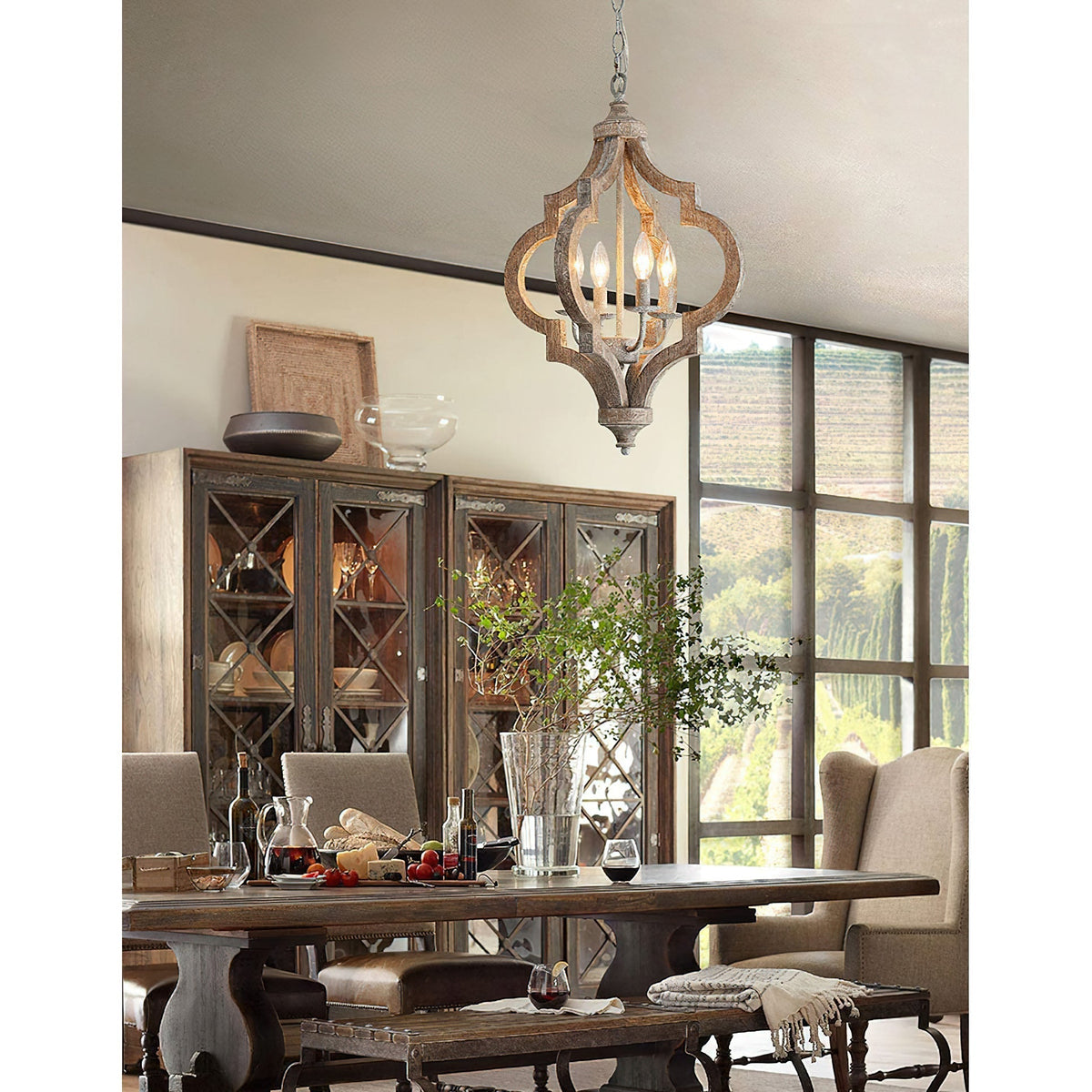 Holzkronleuchter mit 4 Lampen im Vintage-Stil, Hängeleuchte aus recyceltem Holz, E12-E14-Fassung, Landhausstil, Wohnzimmer | Sansoti