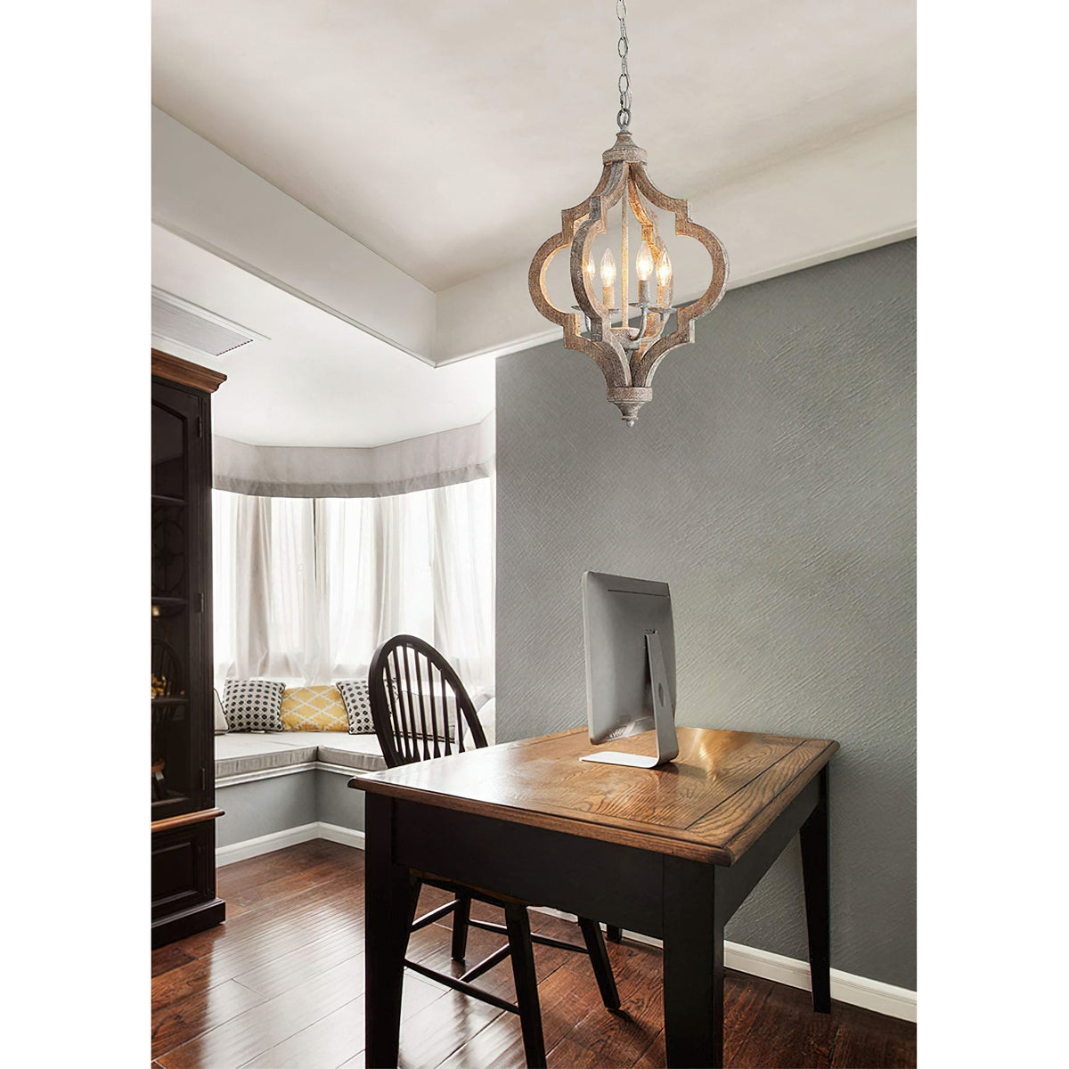Holzkronleuchter mit 4 Lampen im Vintage-Stil, Hängeleuchte aus recyceltem Holz, E12-E14-Fassung, Landhausstil, Wohnzimmer | Sansoti