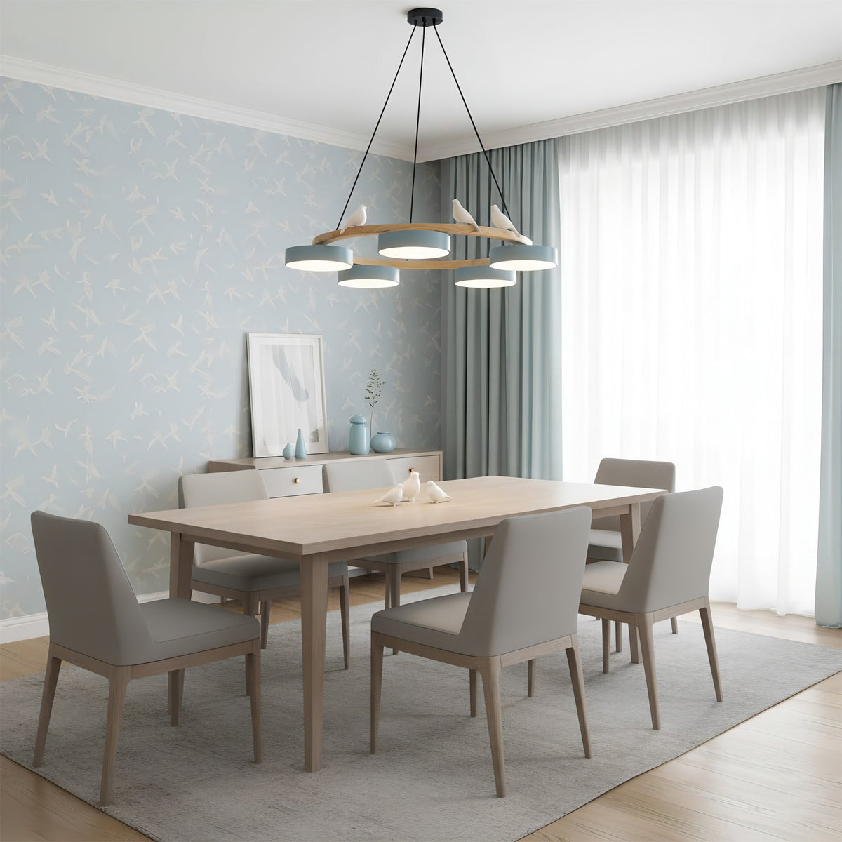 Round Pendant Lamp With Birds Wooden Ring LED 65cm 72cm | Sansoti