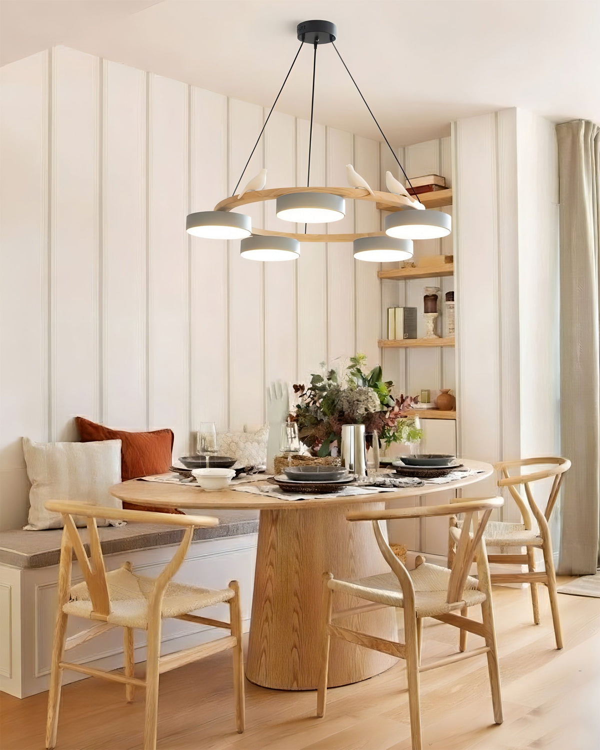 Round Pendant Lamp With Birds Wooden Ring LED 65cm 72cm | Sansoti
