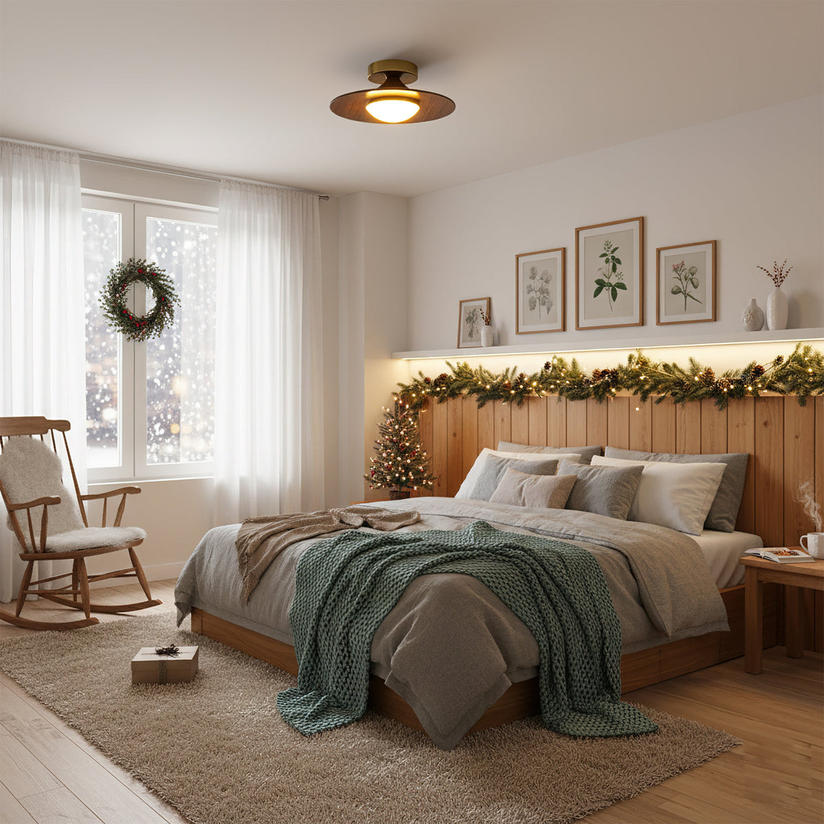Küchen-Deckenlampe, dimmbar, Triac, 23,9 cm, Aufbauleuchte, Metall, Walnussholz-Akzent, Gold, warmweiß, LED, Esszimmer, Innenbereich | Sansoti