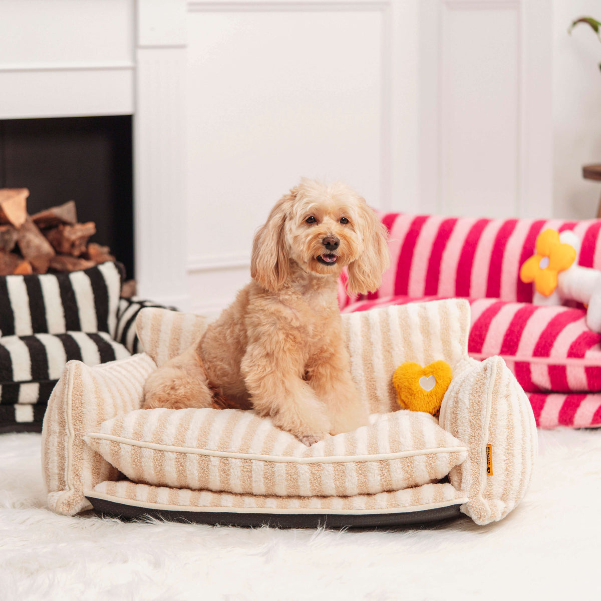 Gestreepte Pluche Hondenbed Tweelaags Kunstlam Warm Afneembaar Beige Roze Zwart M L XL 2XL Huisdier Comfort | Sansoti