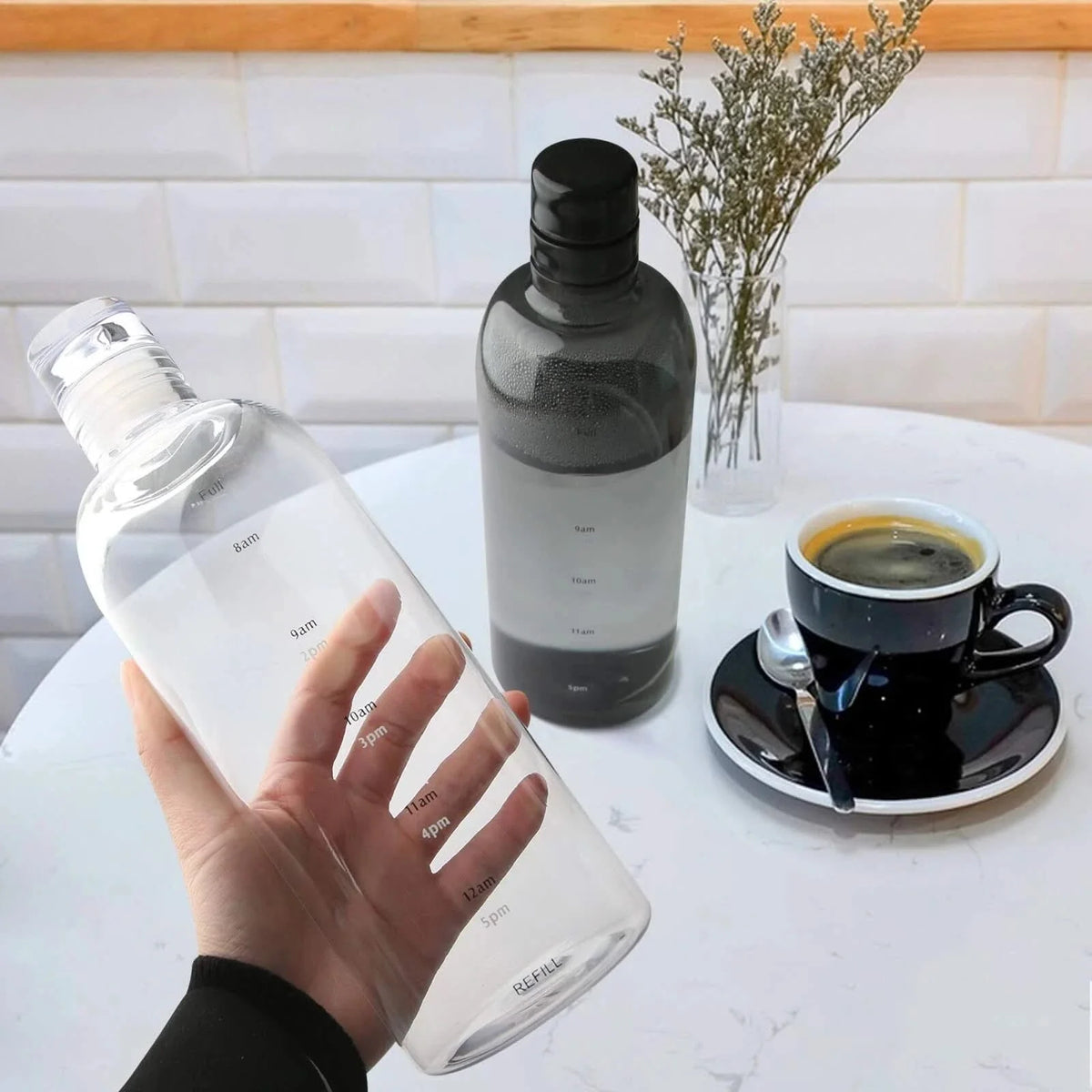 Water Bottle with Time Markings 500ml 700ml Transparent Black Leakproof BPA-Free for Daily Hydration Sports | Sansoti