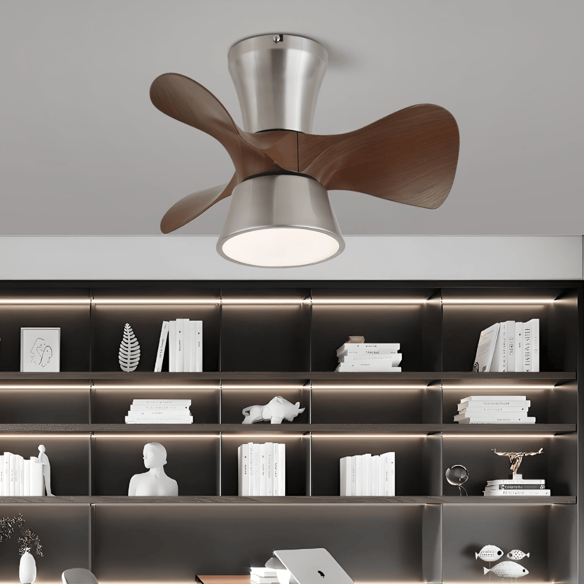 Moderner Deckenventilator mit Beleuchtung und Holzflügeln – 3 Geschwindigkeiten & Fernbedienung 55cm | Sansoti