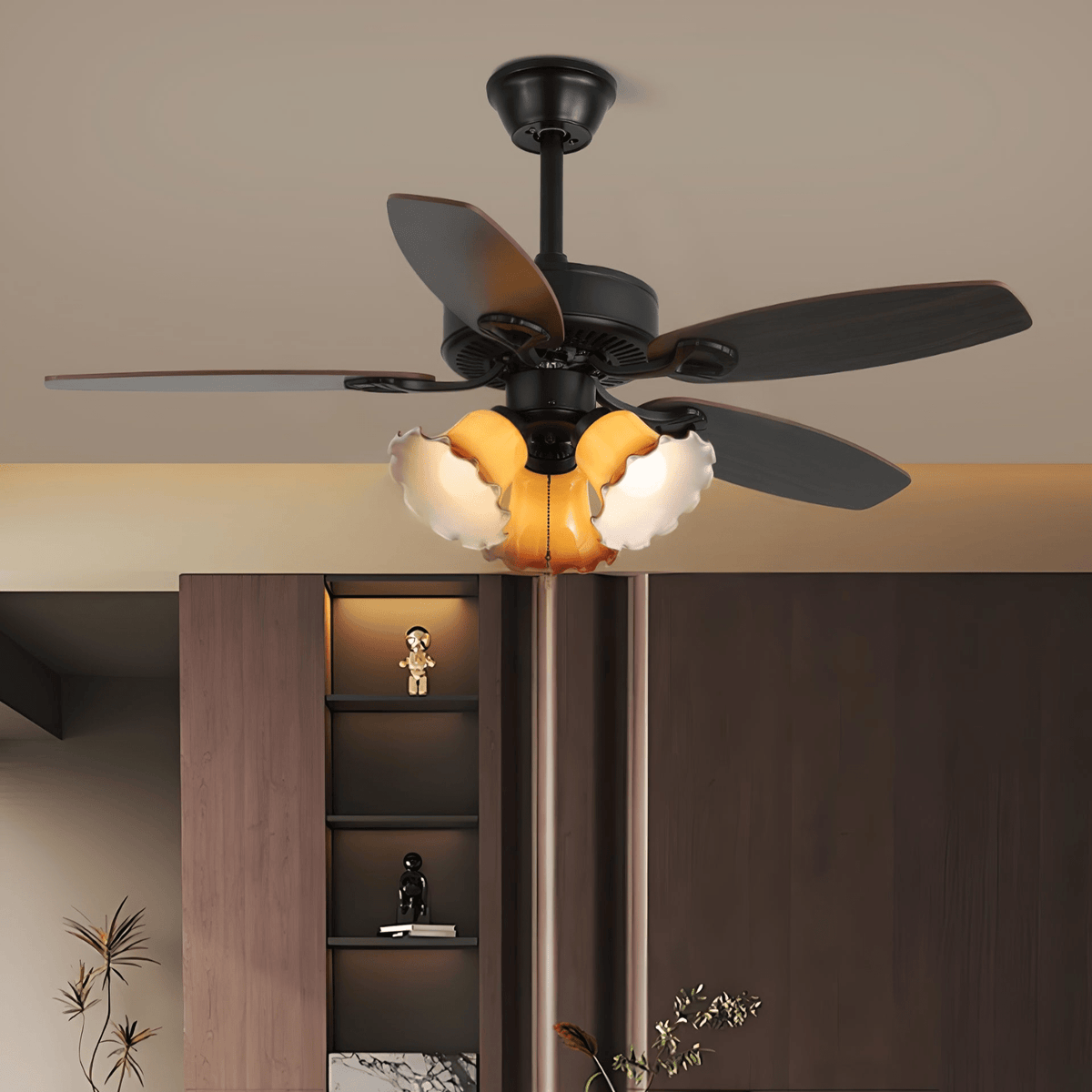 Deckenventilator mit Beleuchtung Vintage Holz & Glas 107cm Skandinavischer Stil Retro Deckenlampe mit Fernbedienung | Sansoti
