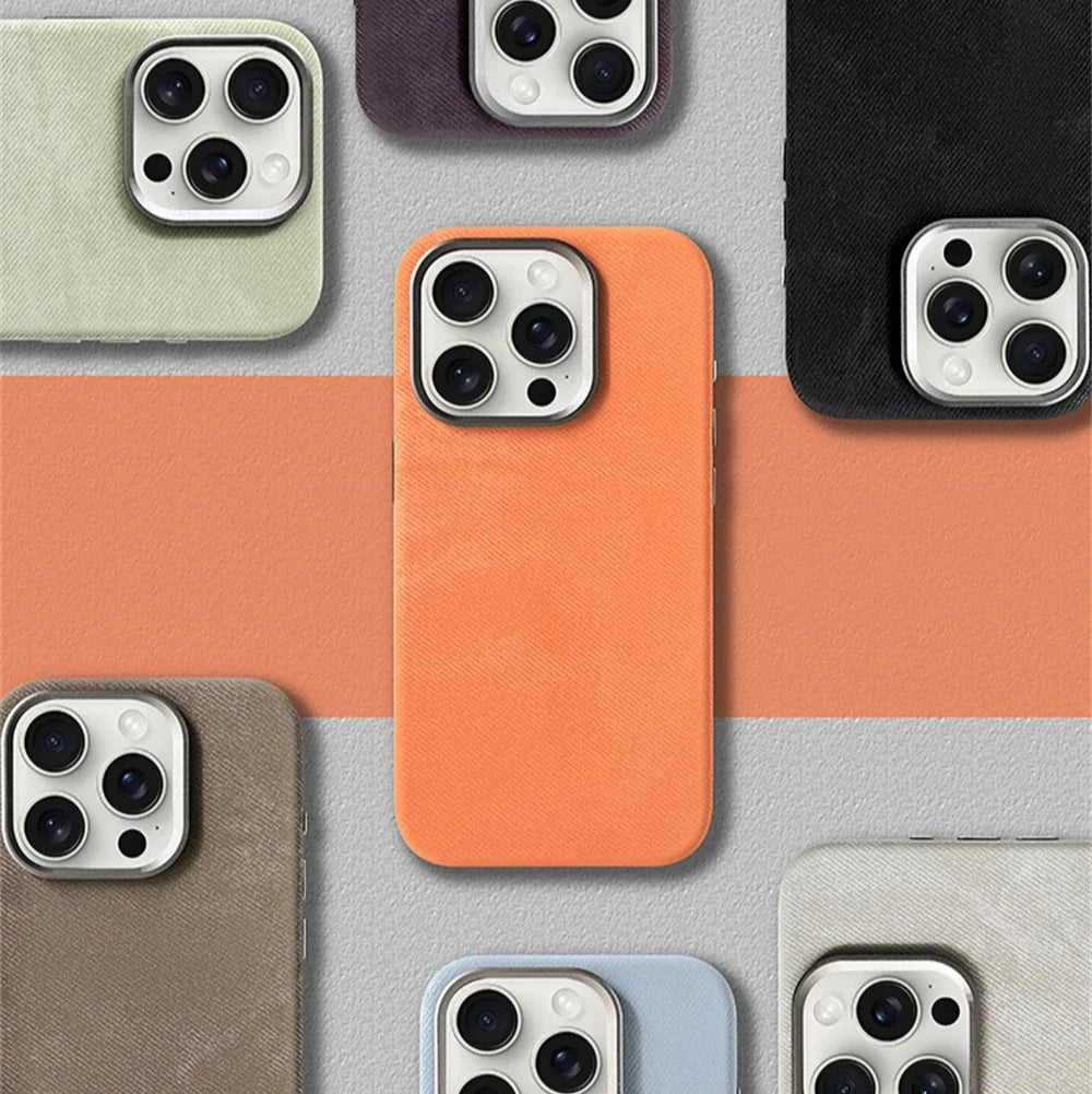 Polyester-iPhone-Hülle im Denim-Look für 13 bis 17, kabelloses Laden kompatibel, robuster Schutz | Sansoti
