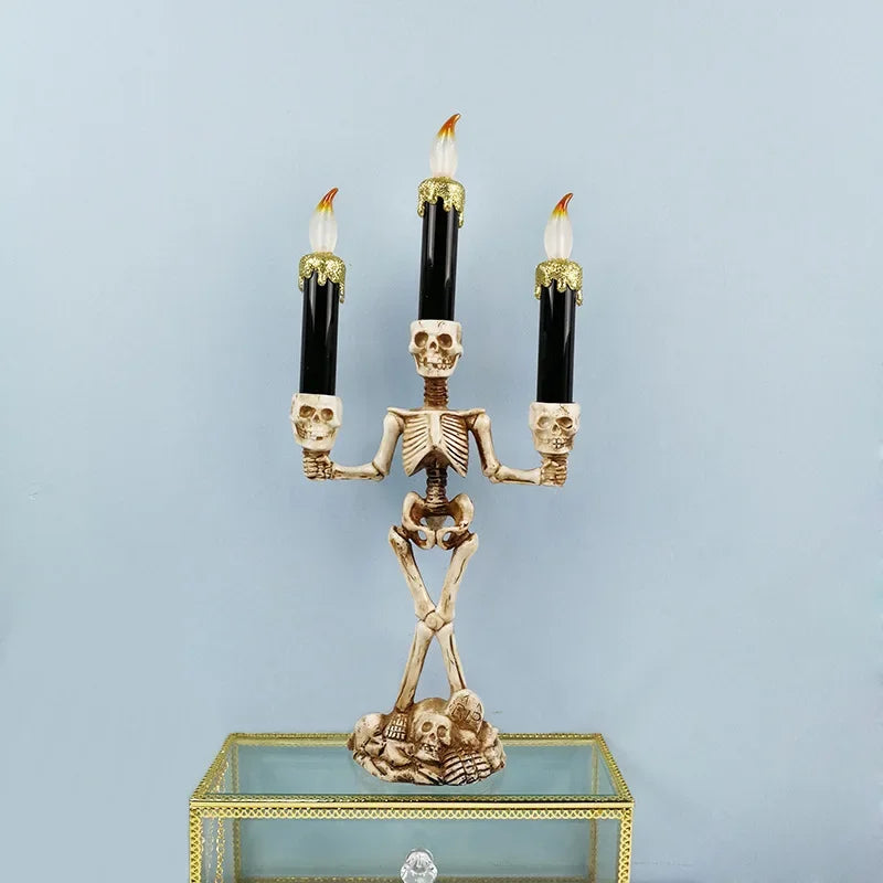 LED Skull Candle Holder with Flameless Candle, Gold-Colored Halloween Decoration, Gothic Interior Mood Lighting | Sansoti