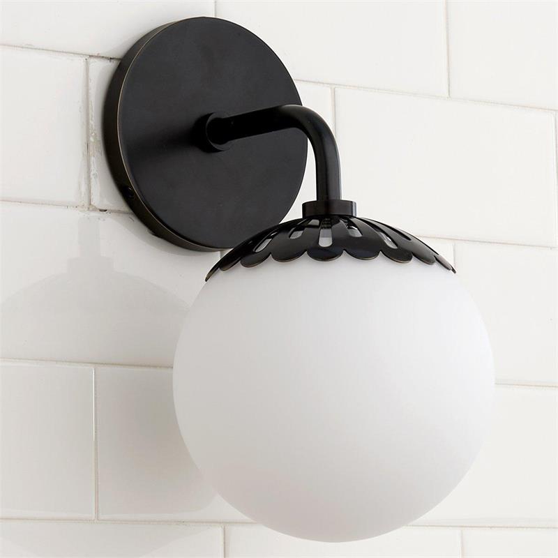 Art Deco Wall Lamp with Flower Shade and Glass Globe – Design Wall Lighting in Brass, Black, or Nickel for Living Room and Bathroom | Sansoti