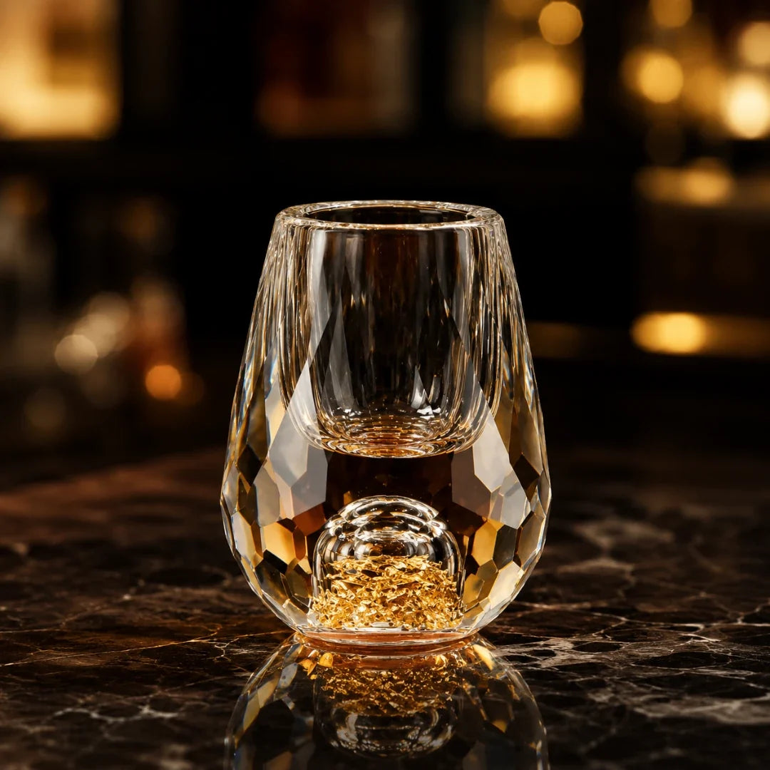 Handgeschliffenes Schnapsglas mit Goldfolienbasis, 15 ml, Kristallglas, Schnapsgläschen für Spirituosen, Wodka und Whisky, Bar | Sansoti