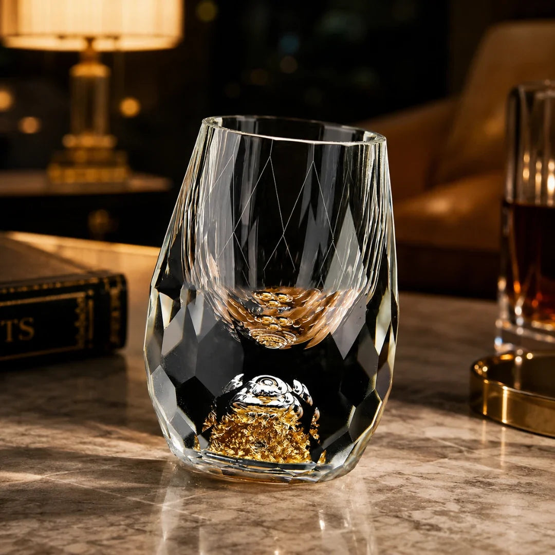 Handgeschliffenes Schnapsglas mit Goldfolienbasis, 15 ml, Kristallglas, Schnapsgläschen für Spirituosen, Wodka und Whisky, Bar | Sansoti