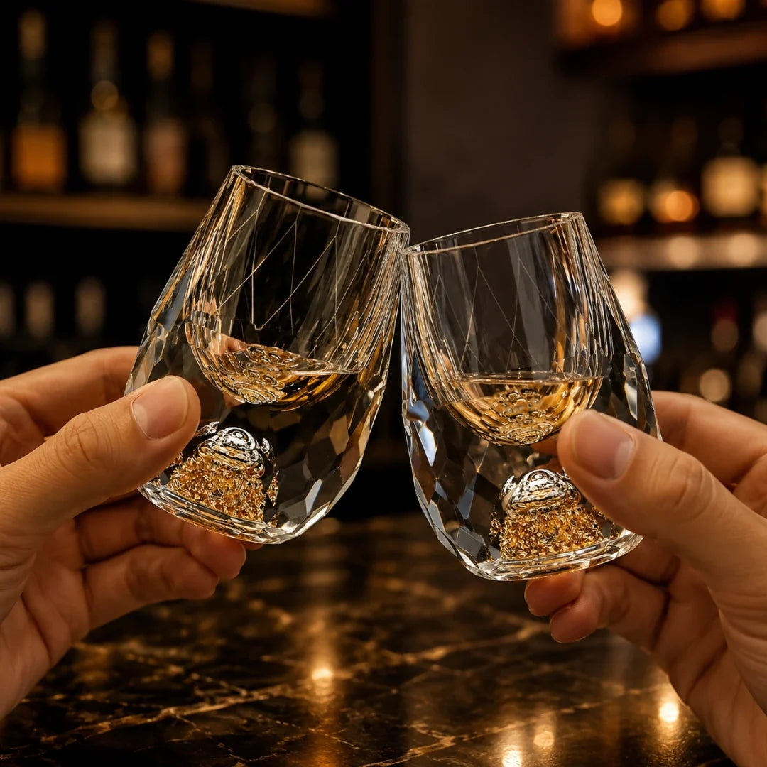 Handgeschliffenes Schnapsglas mit Goldfolienbasis, 15 ml, Kristallglas, Schnapsgläschen für Spirituosen, Wodka und Whisky, Bar | Sansoti