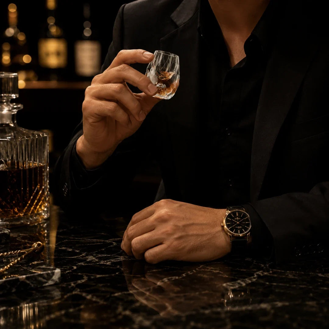 Handgeschliffenes Schnapsglas mit Goldfolienbasis, 15 ml, Kristallglas, Schnapsgläschen für Spirituosen, Wodka und Whisky, Bar | Sansoti