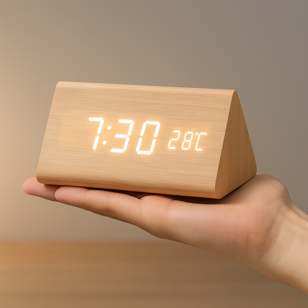 Digital LED Clock Wood Triangle Modern Design Alarm USB Dimmable Display Table Clock Bedroom Office | Sansoti