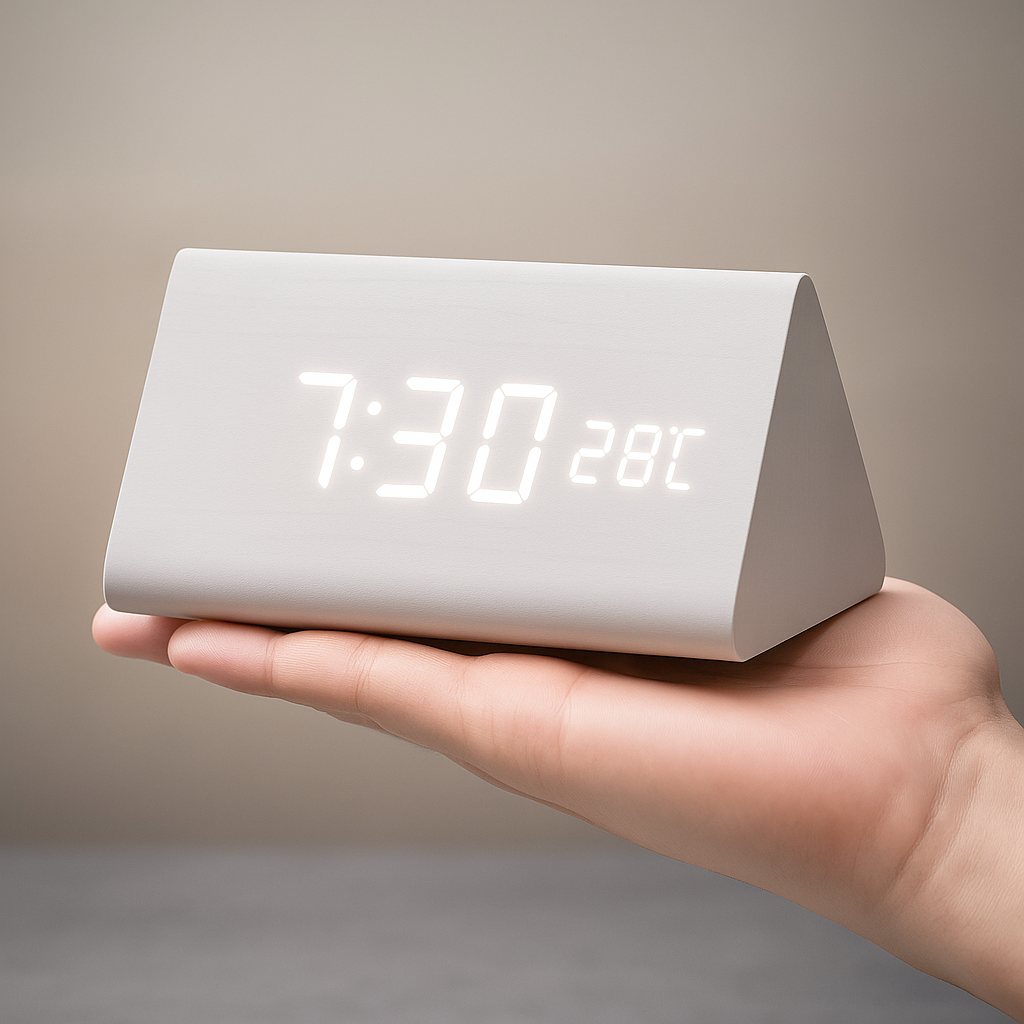 Digital LED Clock Wood Triangle Modern Design Alarm USB Dimmable Display Table Clock Bedroom Office | Sansoti