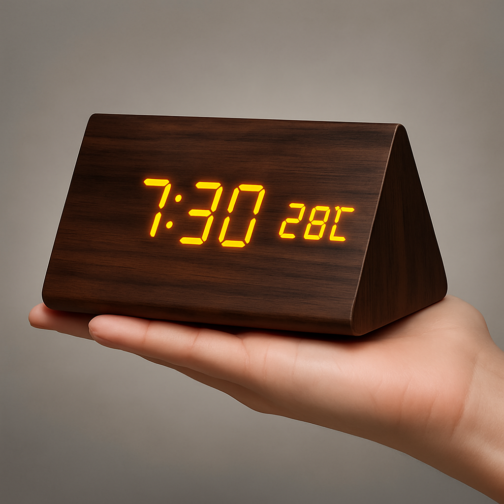 Digital LED Clock Wood Triangle Modern Design Alarm USB Dimmable Display Table Clock Bedroom Office | Sansoti