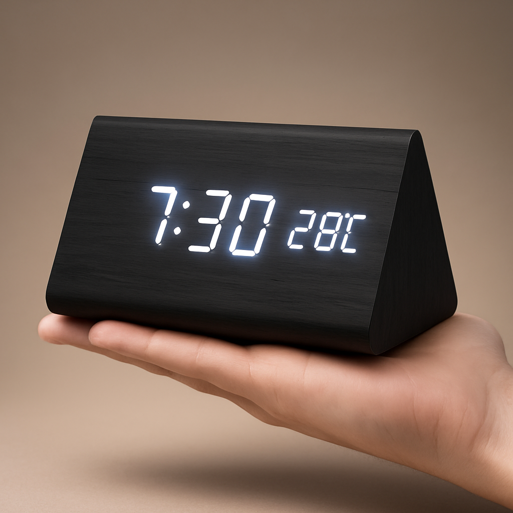 Digital LED Clock Wood Triangle Modern Design Alarm USB Dimmable Display Table Clock Bedroom Office | Sansoti
