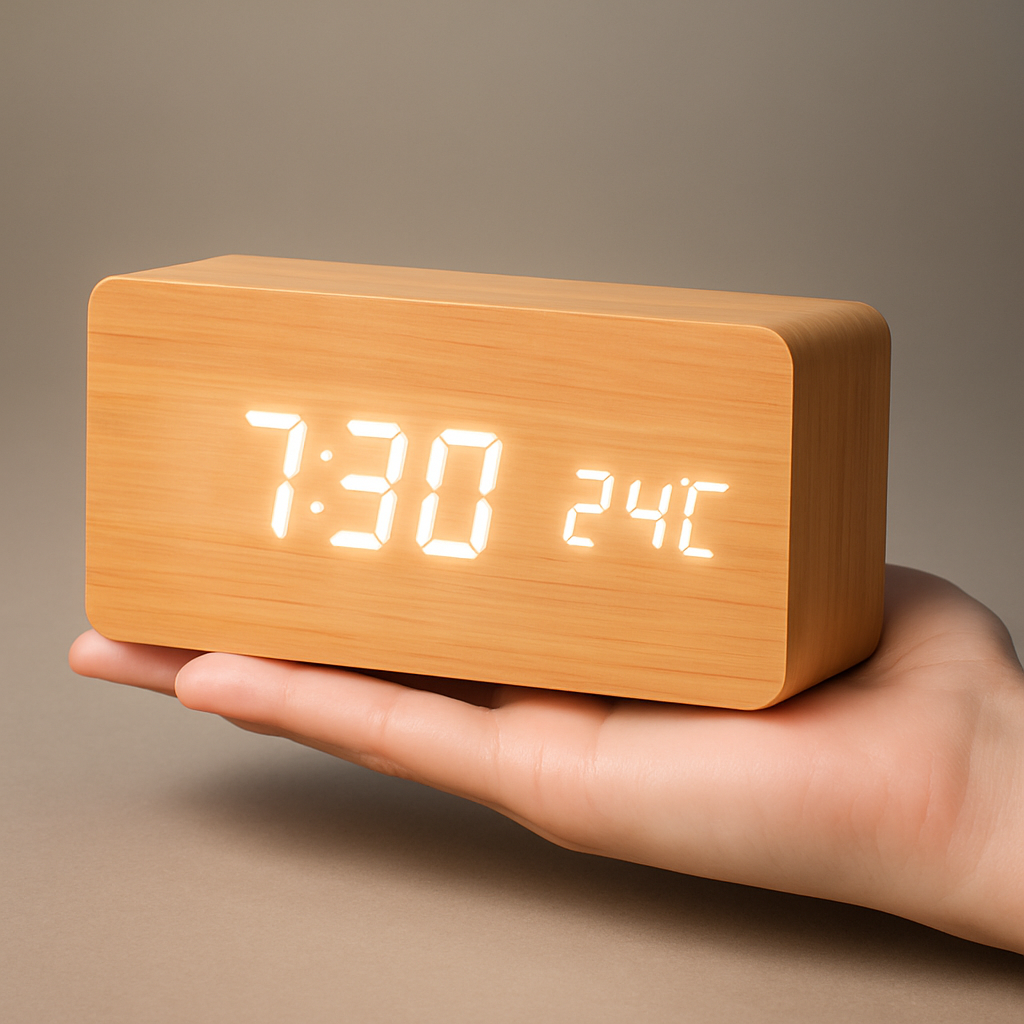 Digital LED Clock Wood Triangle Modern Design Alarm USB Dimmable Display Table Clock Bedroom Office | Sansoti