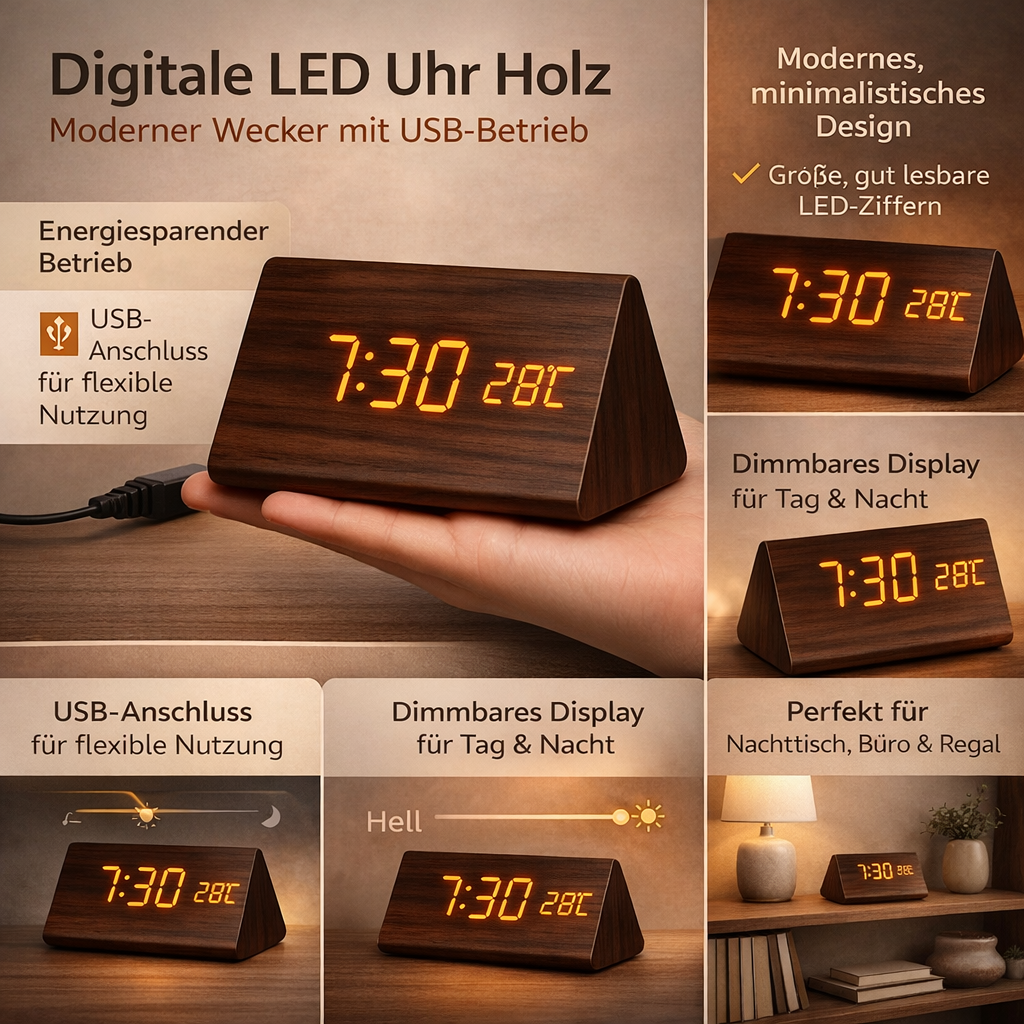 Digital LED Clock Wood Triangle Modern Design Alarm USB Dimmable Display Table Clock Bedroom Office | Sansoti