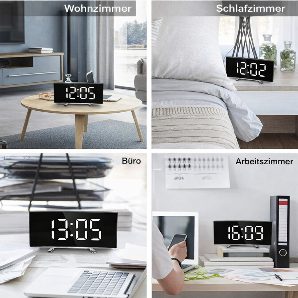 Digital LED Mirror Alarm Clock with Curved Display and Automatic Dimming | CurveClock | Modern Alarm Clock with Day and Night Mode for Bedroom and Office | Sansoti