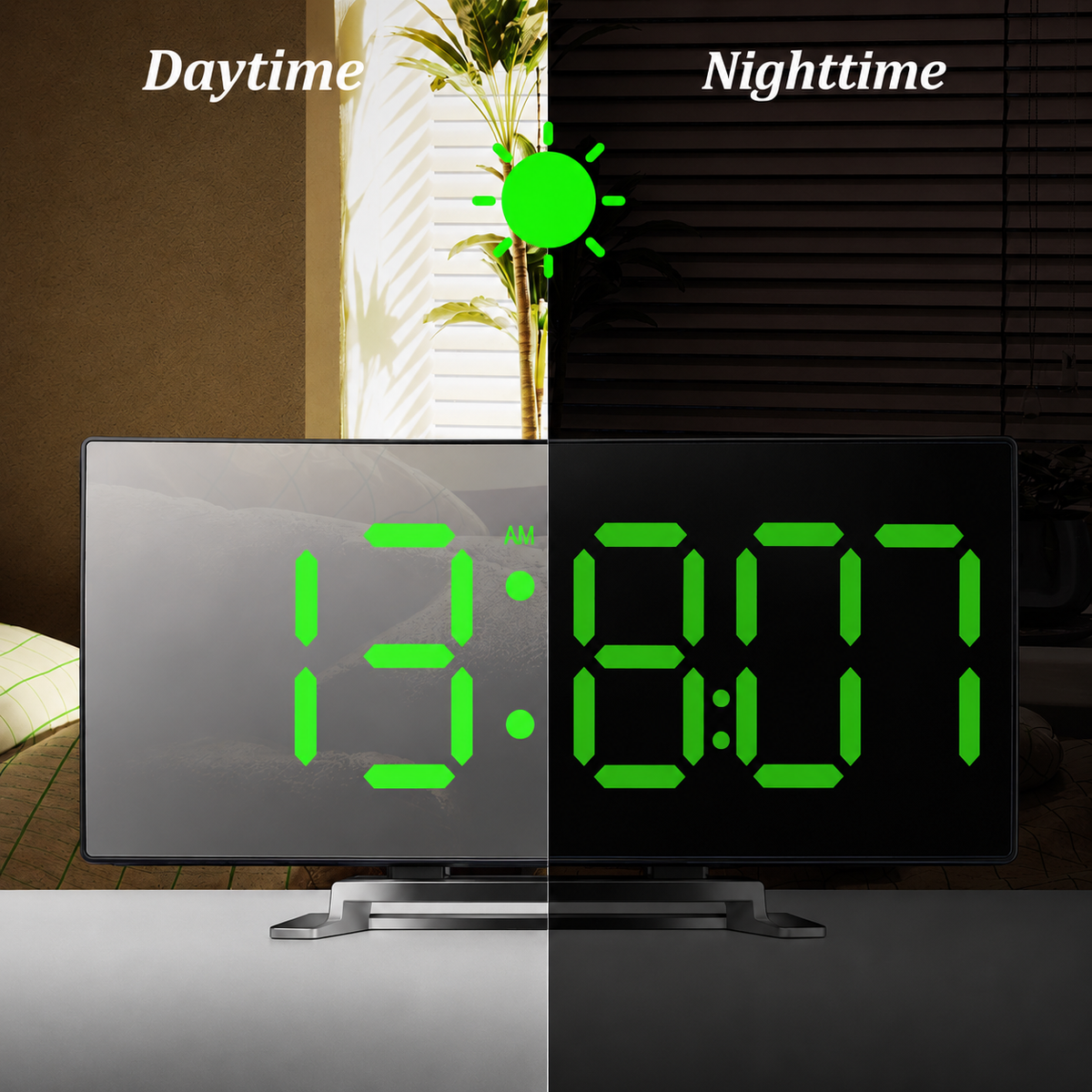 Digital LED Mirror Alarm Clock with Curved Display and Automatic Dimming | CurveClock | Modern Alarm Clock with Day and Night Mode for Bedroom and Office | Sansoti