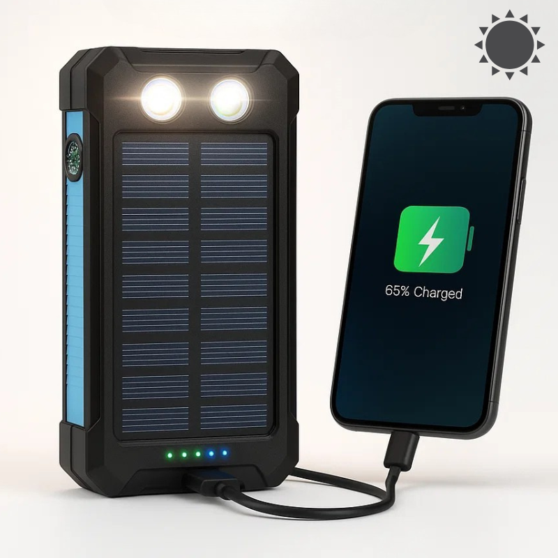 Powerbank à panneau solaire avec capacité de 500 000 mAh, double port USB et boîtier étanche pour extérieur et alimentation d'urgence | Sansoti