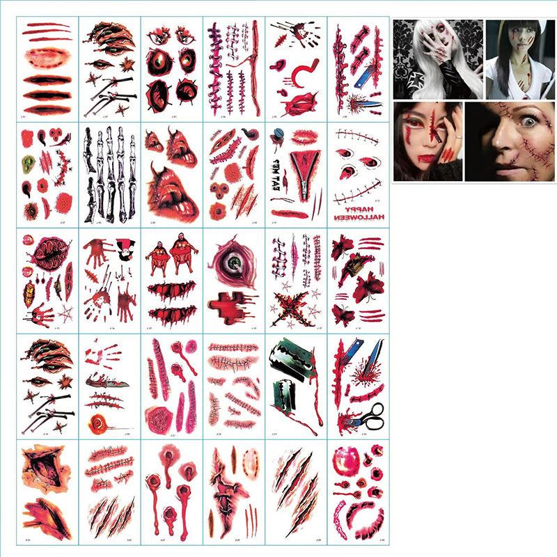 Temporary Tattoo Stickers Horror Wounds Scars Cosplay Halloween Makeup Decoration Set 12-30 Pieces | Sansoti