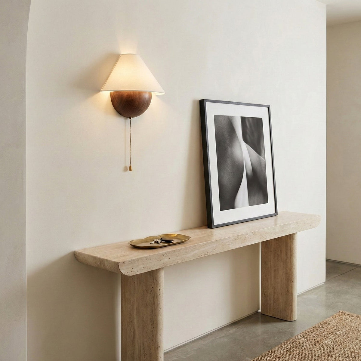 Half-Sphere Wall Lamp with Fabric Shade – Brass Pull Switch & Handcrafted Iron for Bedroom and Reading Nook | Sansoti
